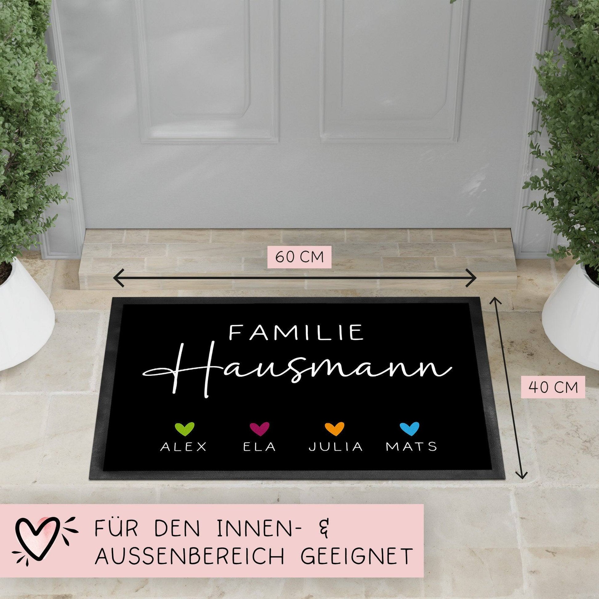 Personalisierte Fußmatte - Fussmatte mit Wunschnamen | Familie mit Herzen | 60x40 cm | Geschenkidee zum Umzug, Einzug für Familien, Umzug  kleinebuchstaben   