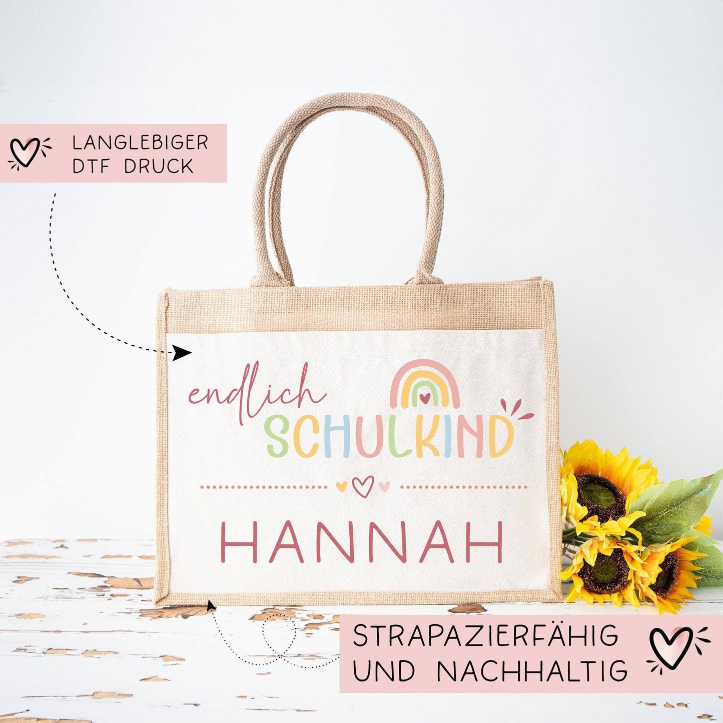 Endlich Schulkind Tasche 2024 personalisiert mit Namen Schultasche, Geschenk Einschulung, personalisierte Jutetasche, Einschulungsgeschenk  kleinebuchstaben   