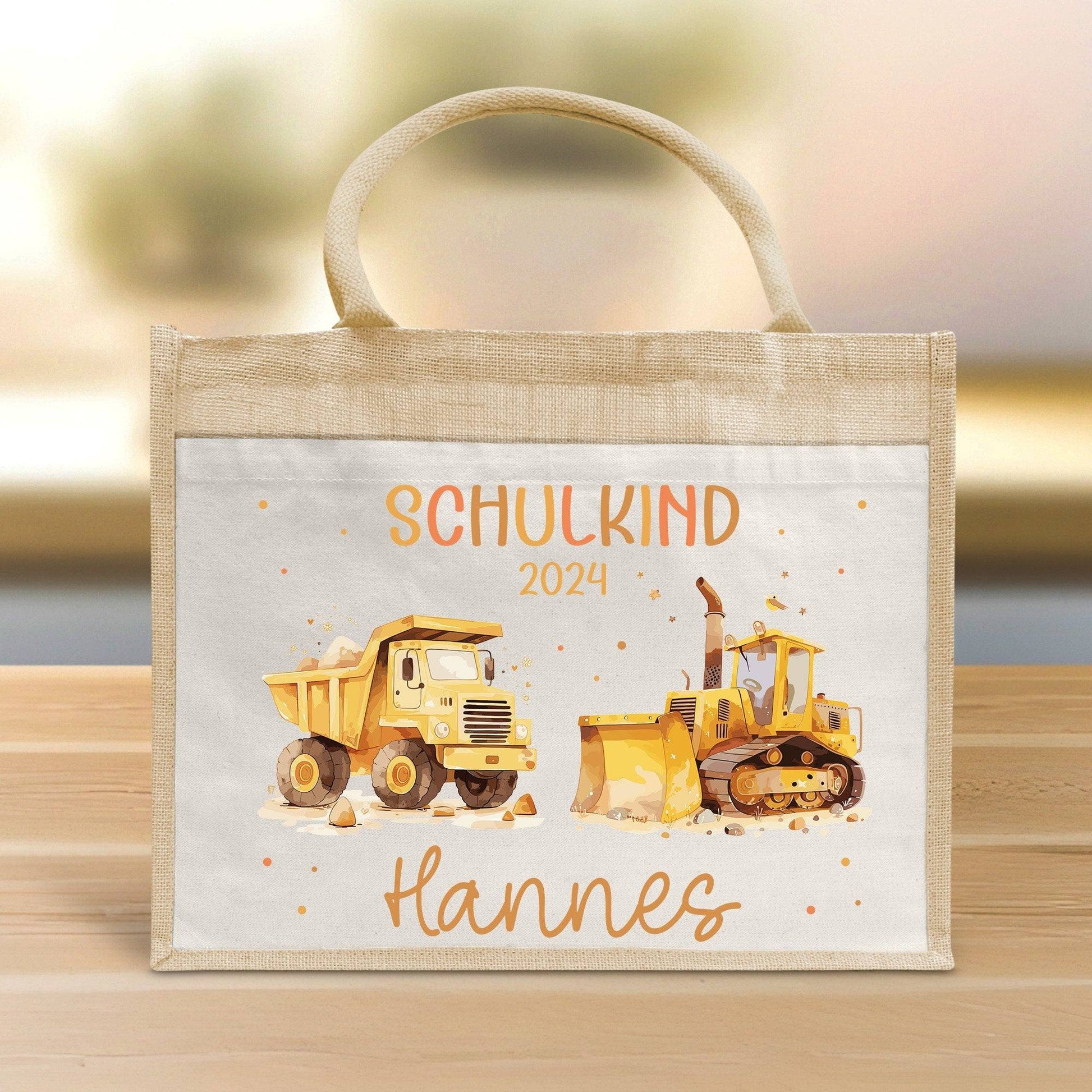 Schulkind Tasche 2024, Baustelle Kipper & LKW, Schultasche, Geschenk Einschulung, personalisierte Jutetasche, Einschulungsgeschenk  kleinebuchstaben   