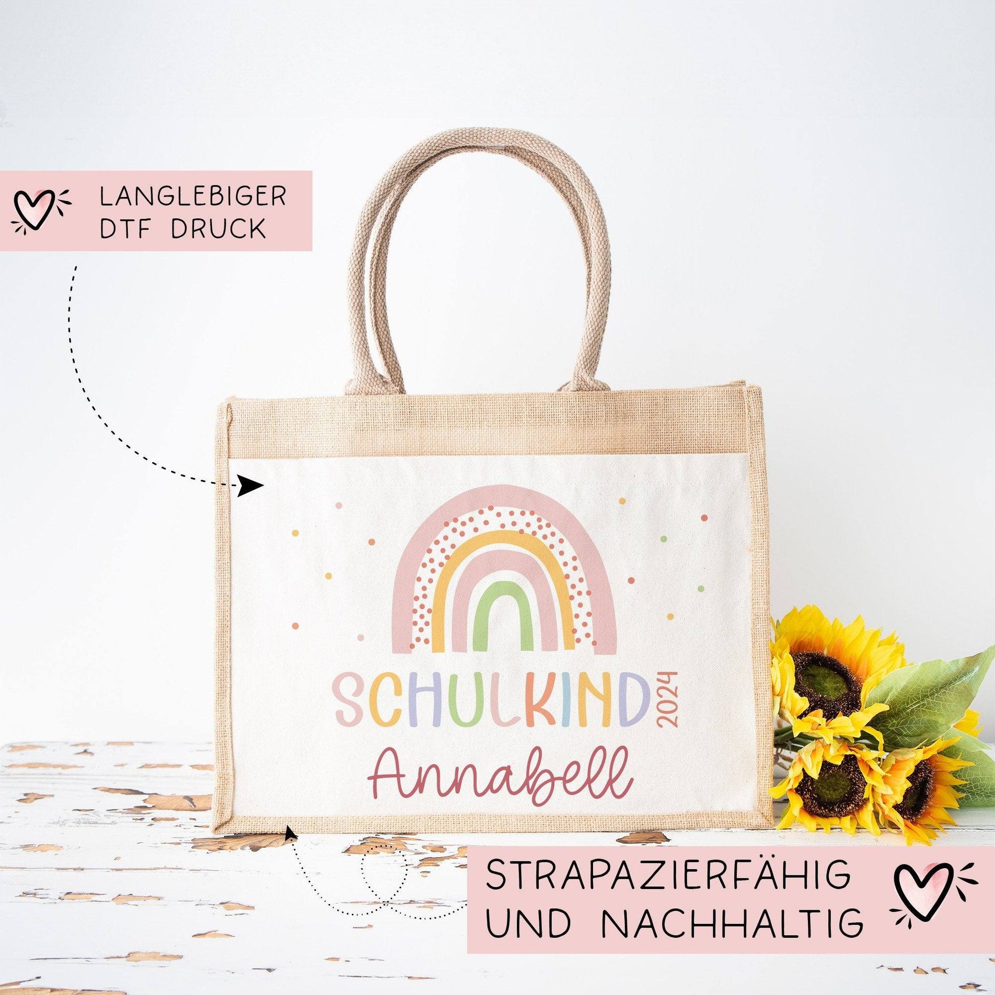 Schulkind 2024 Tasche, Regenbogen Rosa Mädchen, Geschenk Einschulung, Schultüte, personalisierte Jutetasche, Einschulungsgeschenk  kleinebuchstaben   