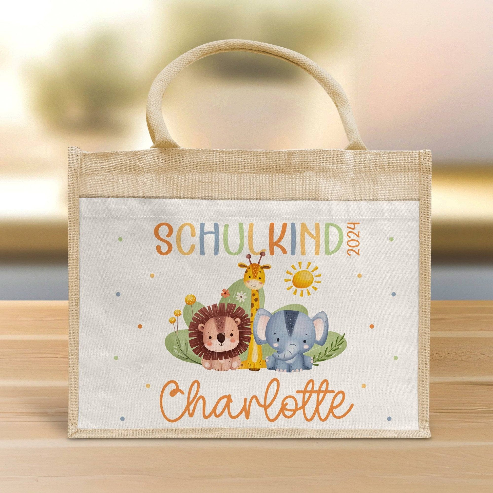 Schulkind 2024 Tasche, Zoo, Löwe Giraffe, Elefant, Schultasche, Geschenk Einschulung, personalisierte Jutetasche, Einschulungsgeschenk  kleinebuchstaben   