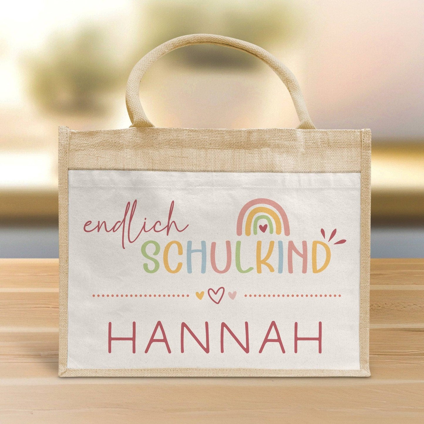 Endlich Schulkind 2024 personalisiert mit Namen Schultasche, Geschenk Einschulung, personalisierte Jutetasche, Einschulungsgeschenk  kleinebuchstaben   