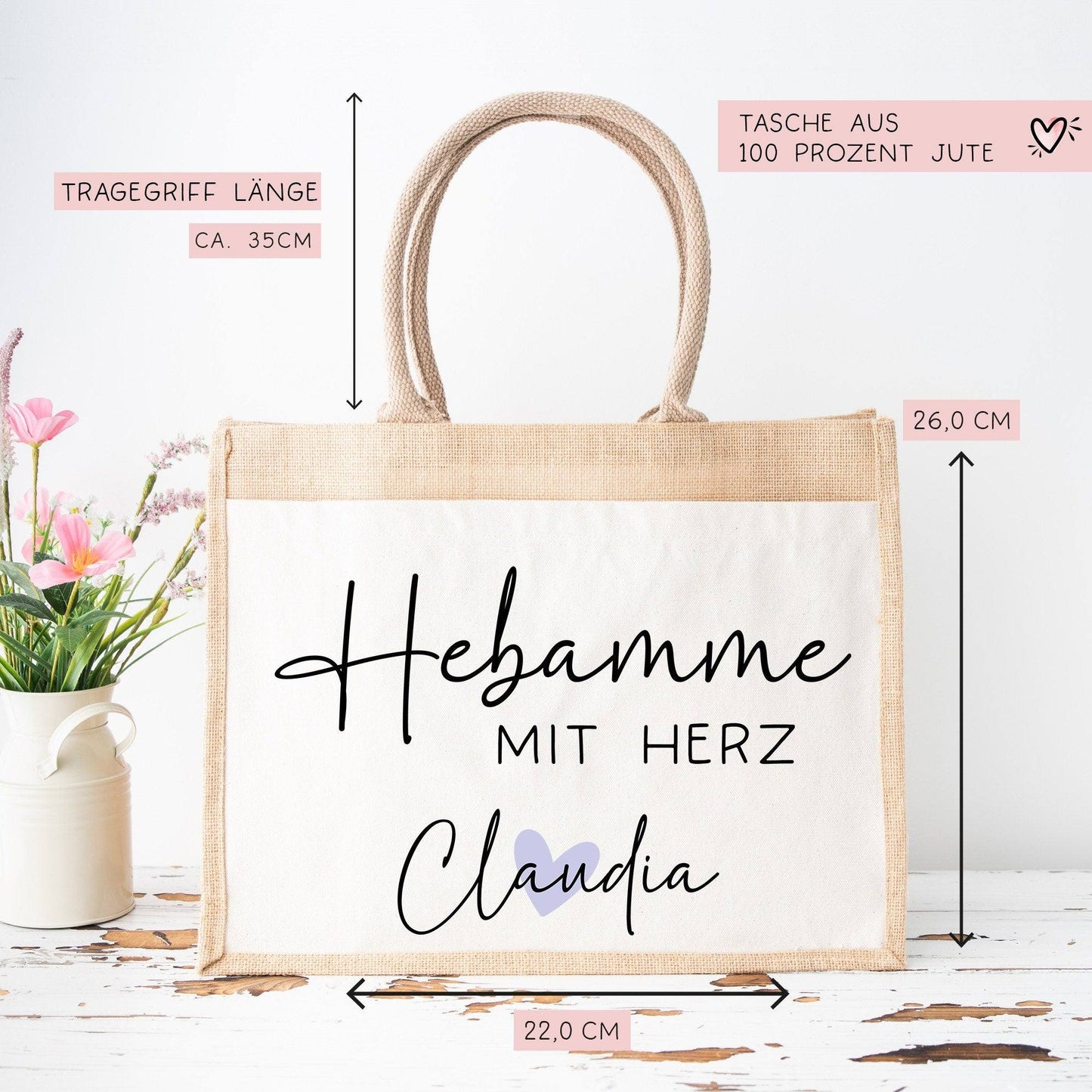 Hebamme mit Herz Tasche mit Namen - kleines Geschenk - Dankeschön Juteasche Abschiedsgeschenk - Beste Hebamme mit Wunschtext  kleinebuchstaben   