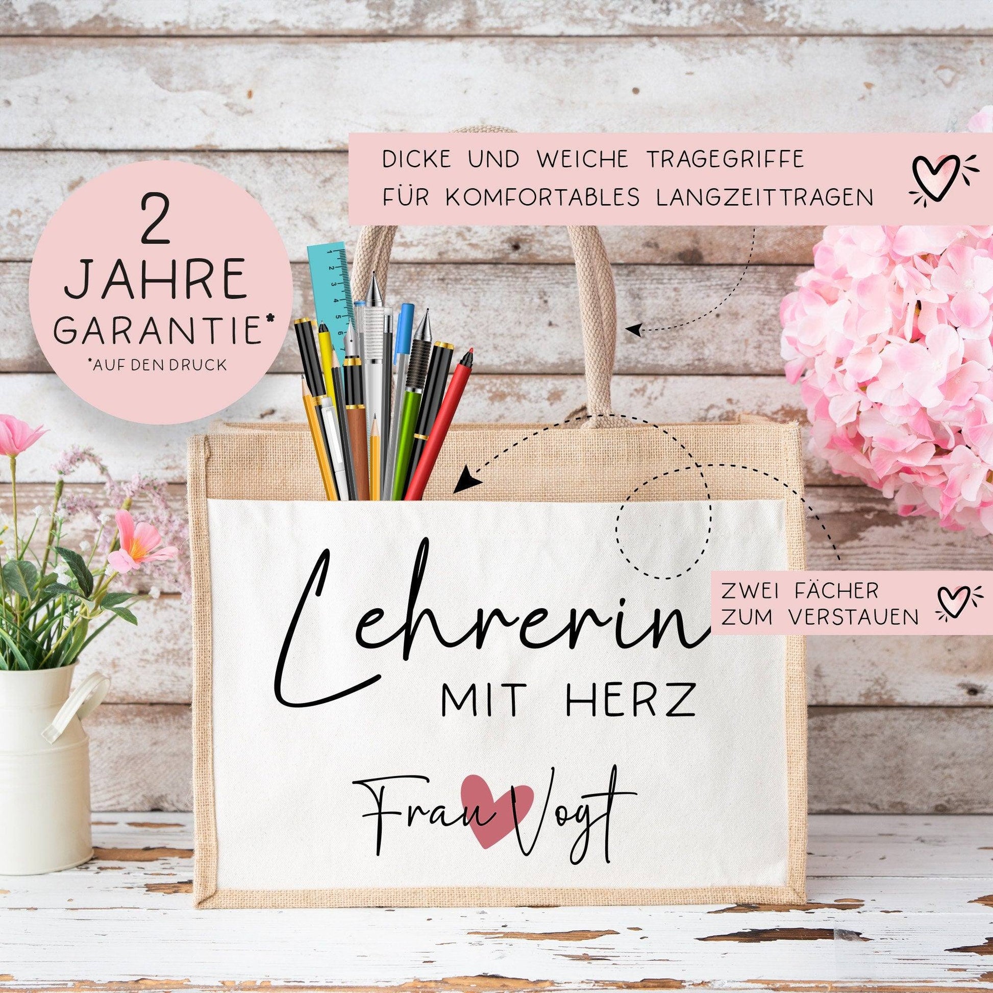 Lehrerin mit Herz Tasche mit Namen - kleines Geschenk - Dankeschön Juteasche Abschiedsgeschenk - Beste Lehrerin mit Wunschtext  kleinebuchstaben   