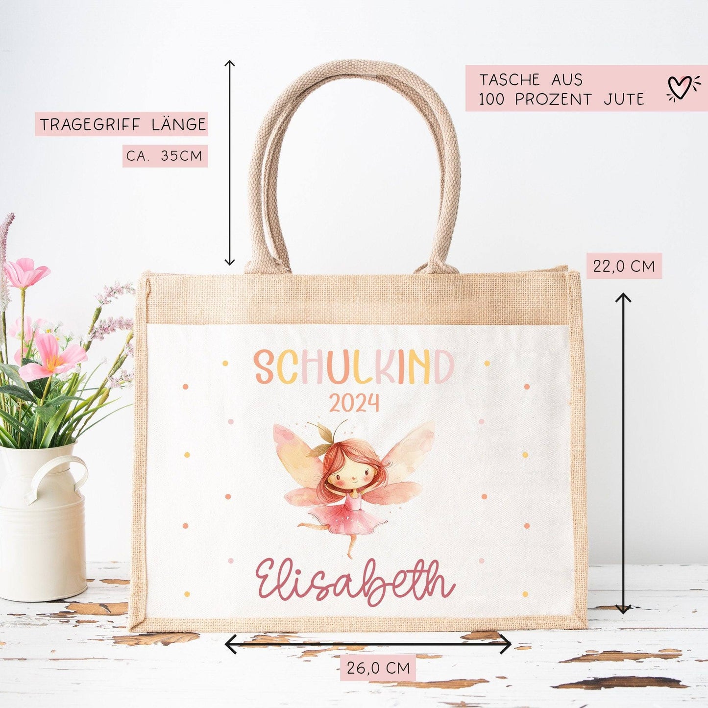 Ballerina Fee Schulkind Tasche 2024, Schultasche, Geschenk Einschulung, Schultüte, personalisierte Jutetasche, Einschulungsgeschenk  kleinebuchstaben   