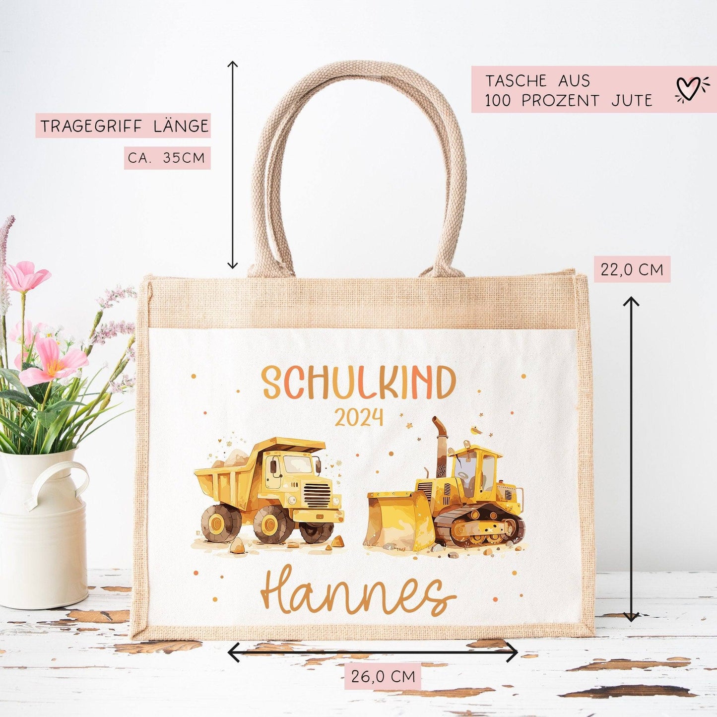 Schulkind Tasche 2024, Baustelle Kipper & LKW, Schultasche, Geschenk Einschulung, personalisierte Jutetasche, Einschulungsgeschenk  kleinebuchstaben   