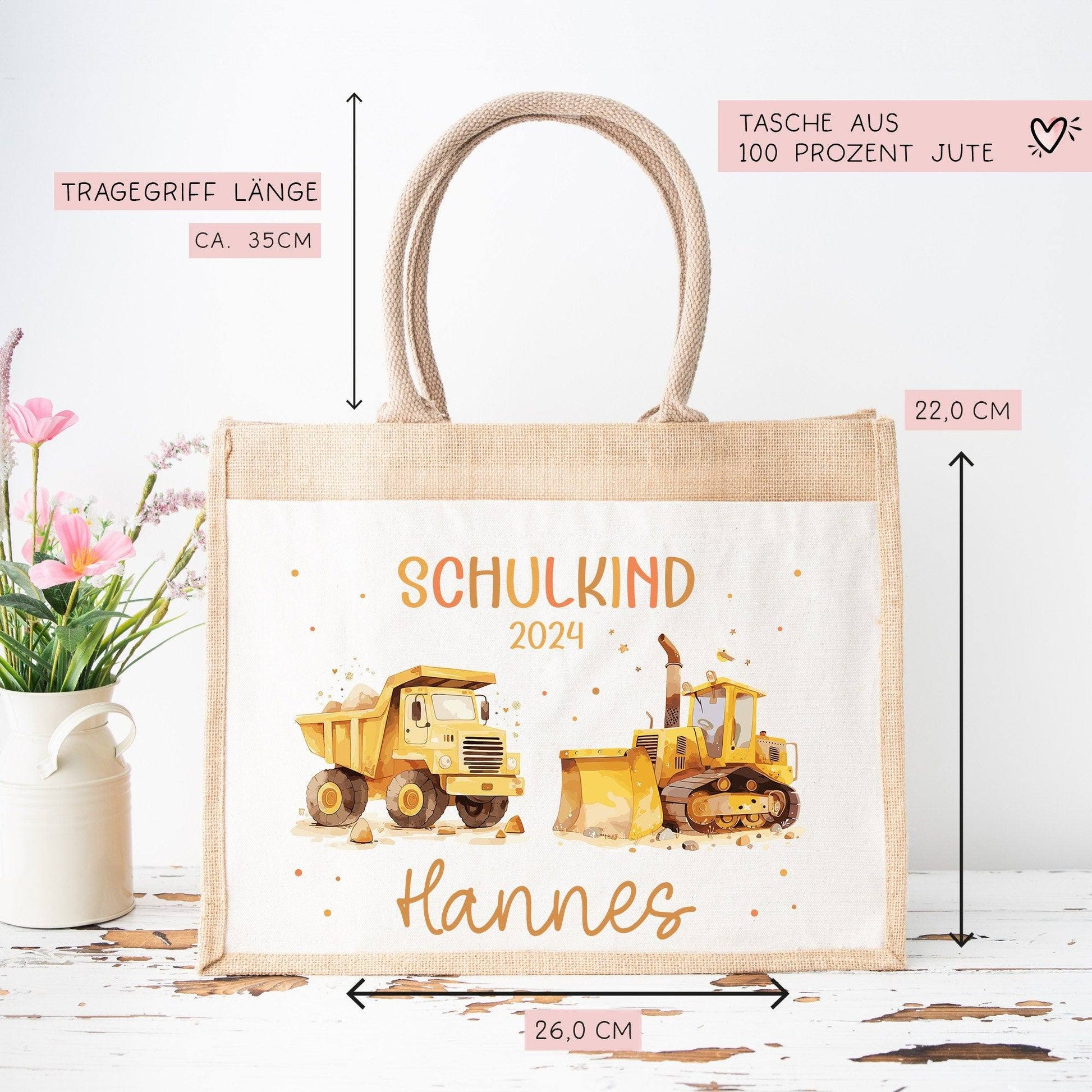 Schulkind Tasche 2024, Baustelle Kipper & LKW, Schultasche, Geschenk Einschulung, personalisierte Jutetasche, Einschulungsgeschenk  kleinebuchstaben   