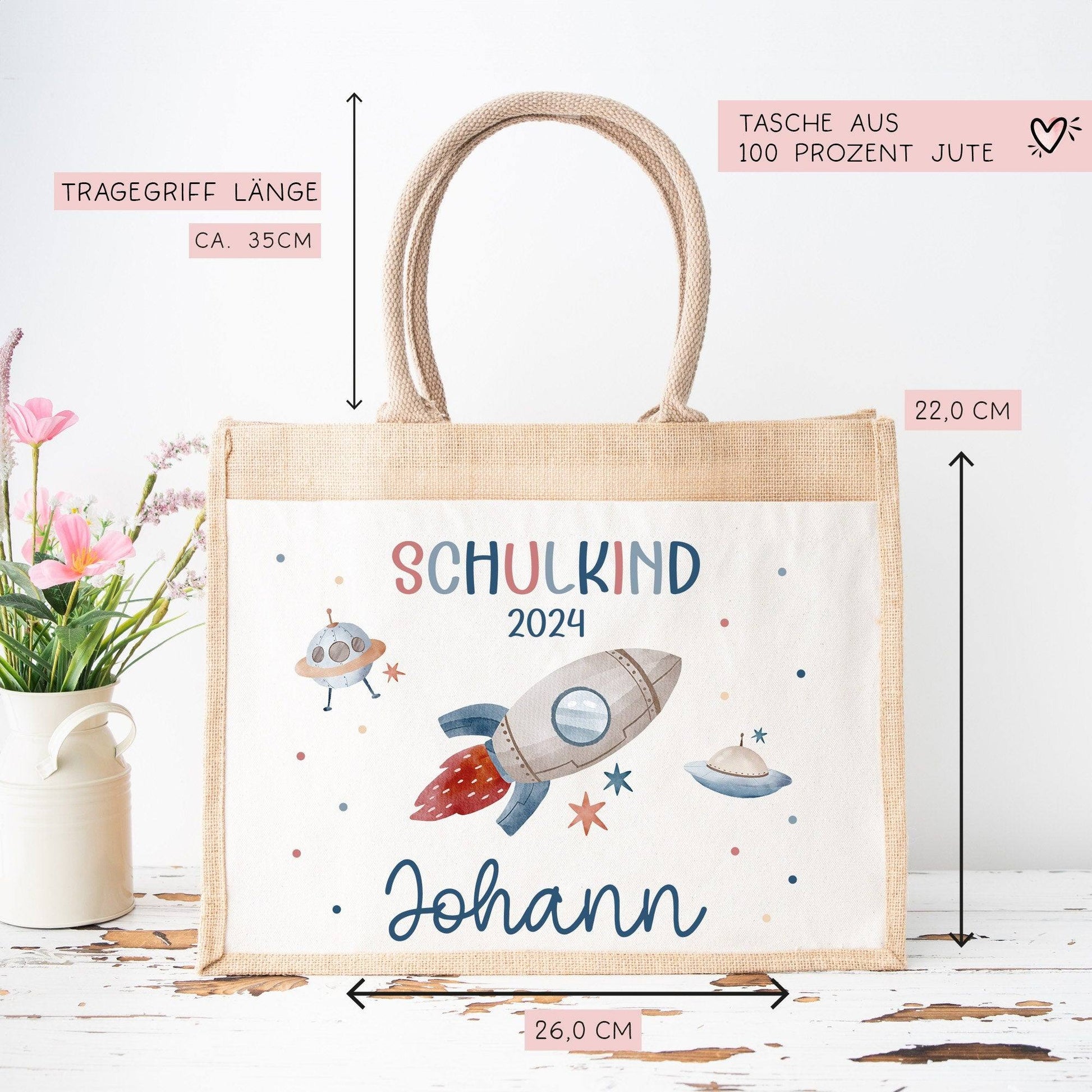 Schulkind 2024 Tasche, Rakete Weltraum Schultasche, Geschenk Einschulung, Schultüte, personalisierte Jutetasche, Einschulungsgeschenk  kleinebuchstaben   