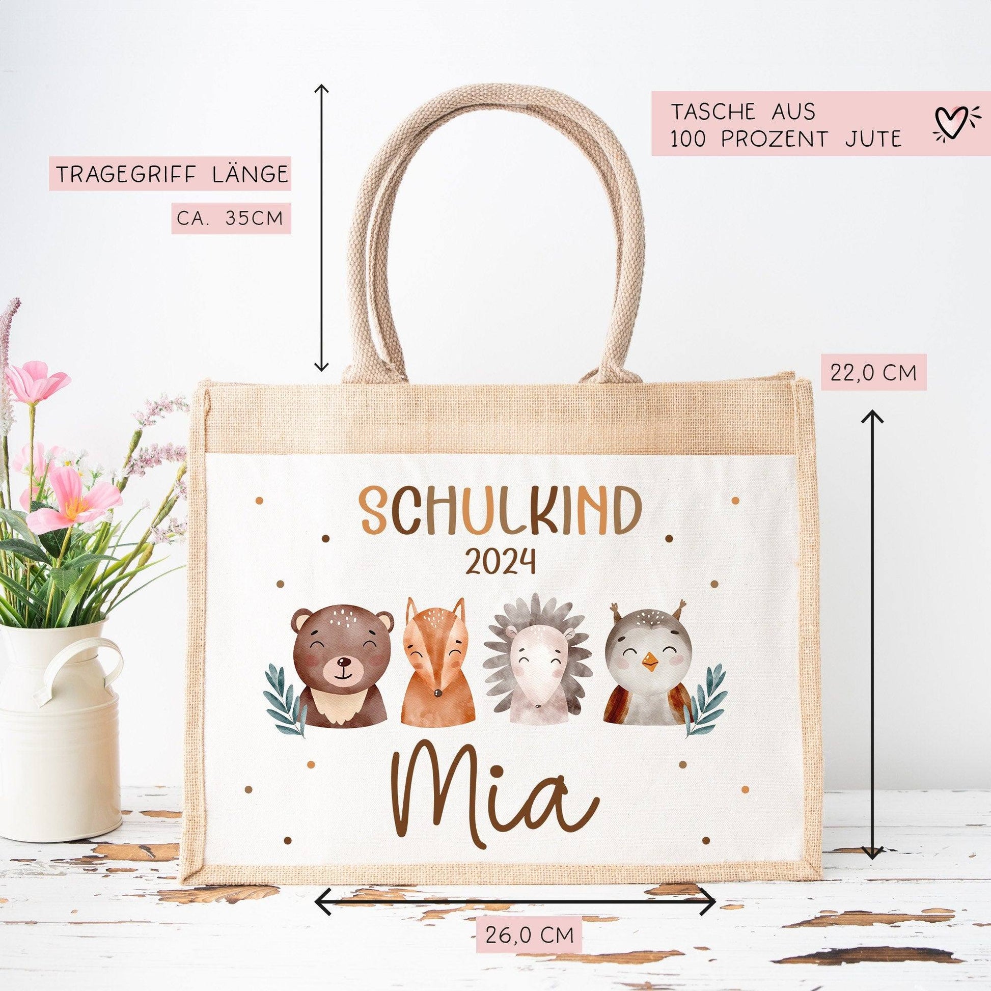 Schulkind Tasche 2024, Waldtiere Bär, Eule Fuchs Igel, Geschenk Einschulung, Schultüte, personalisierte Jutetasche, Einschulungsgeschenk  kleinebuchstaben   