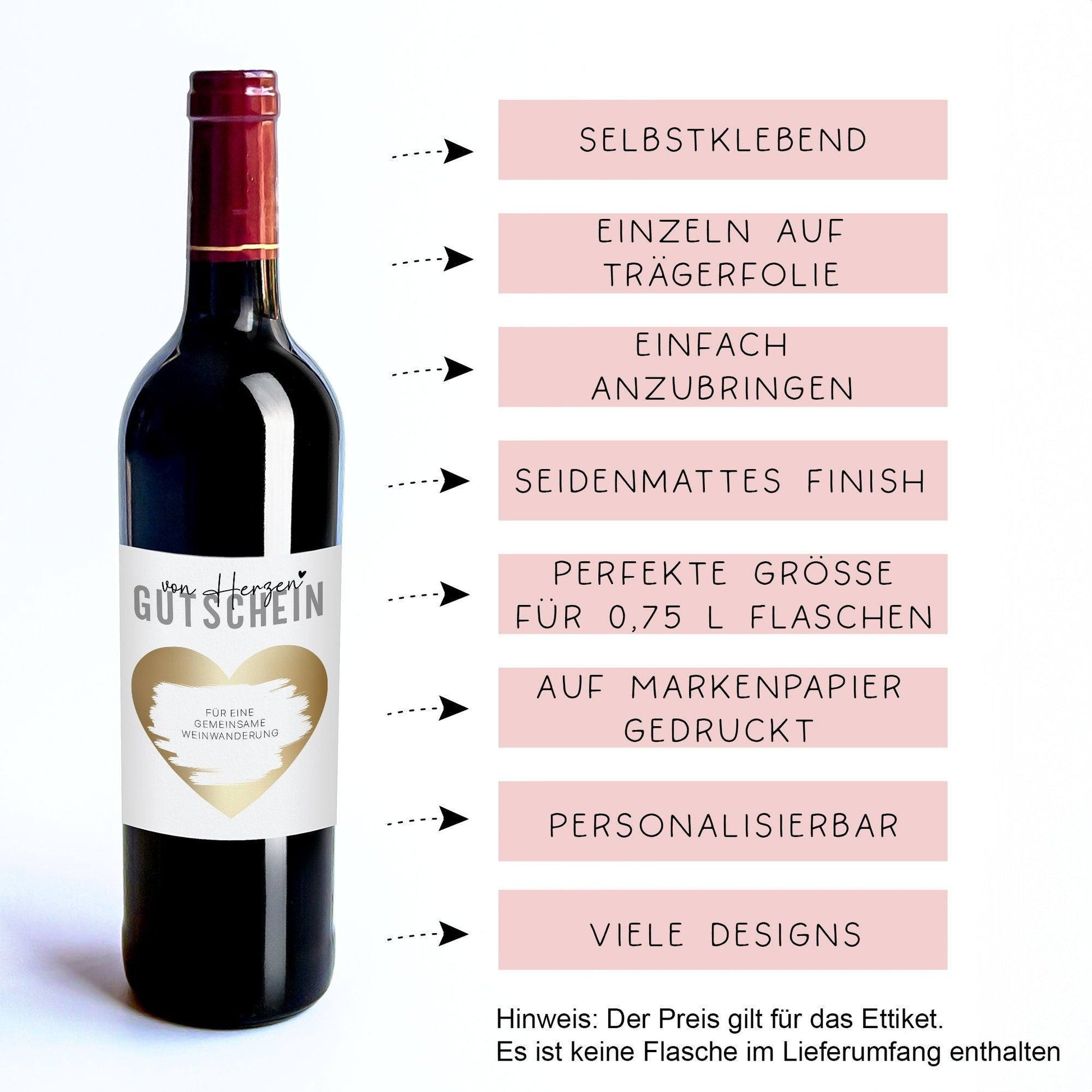 Gutschein "von Herzen" Weinflaschen-Etikett | Personalisiertes Wein Flaschen Etikett | Rubbellos Weinetikett Weihnachten - Gold  kleinebuchstaben   