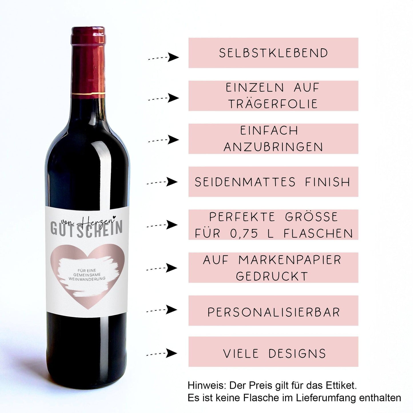 Gutschein "von Herzen" Weinflaschen-Etikett | Personalisiertes Wein Flaschen Etikett | Rubbellos Weinetikett Weihnachten - Rosa  kleinebuchstaben   