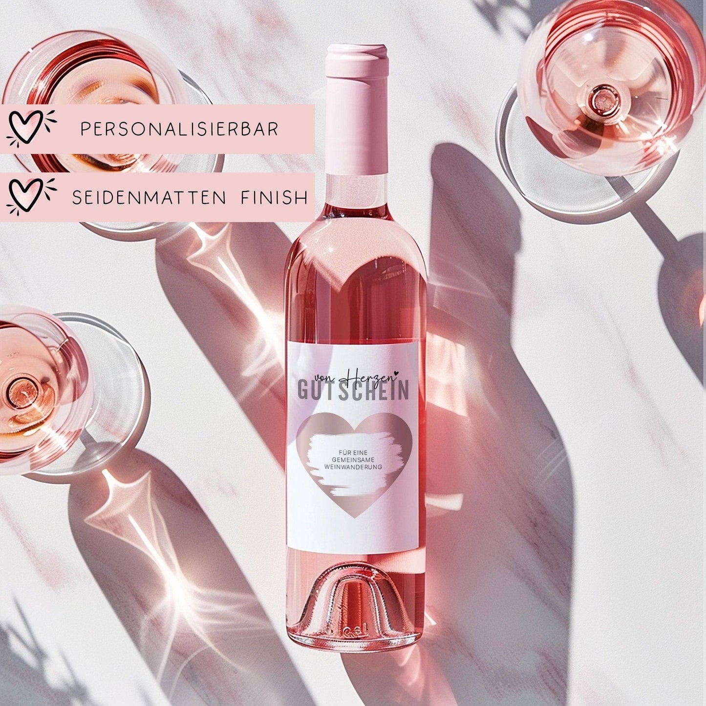 Gutschein "von Herzen" Weinflaschen-Etikett | Personalisiertes Wein Flaschen Etikett | Rubbellos Weinetikett Weihnachten - Rosa  kleinebuchstaben   