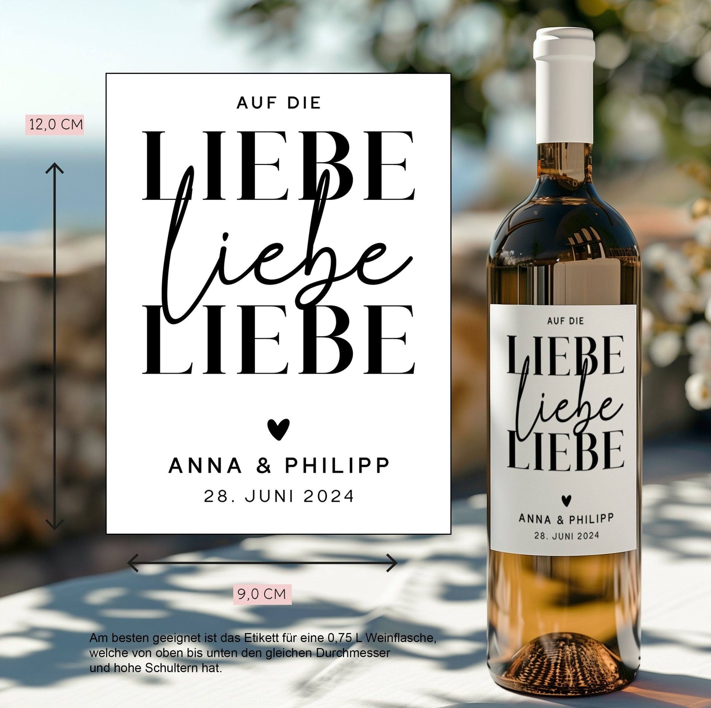 Weinlabel | Hochzeitsgeschenk | Auf die Liebe Liebe Liebe | Wein Flaschen Etikett | Personalisiert mit Namen und Datum | Geschenk Brautpaar  kleinebuchstaben   