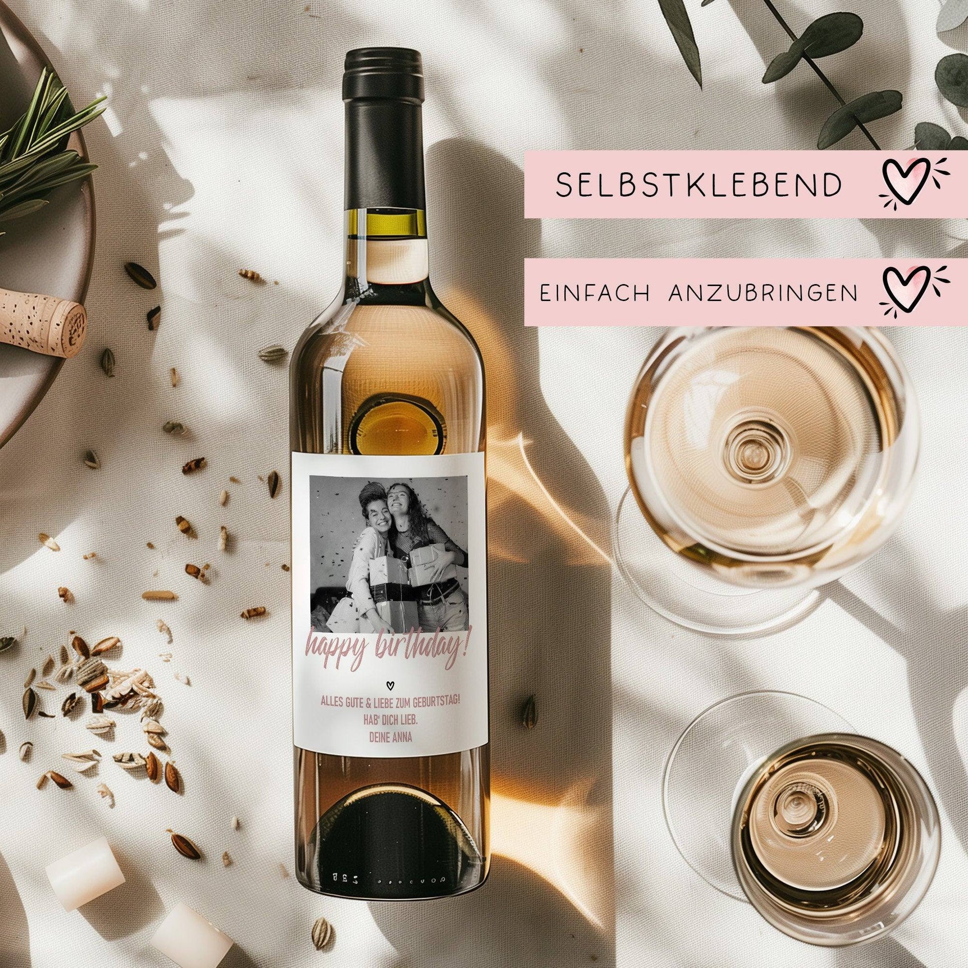 Personalisiertes Weinetikett "Happy Birthday" mit Foto & Namen, Geburtstags-Flaschenetikett - Rosa, ideales Geburtstagsgeschenk  kleinebuchstaben   