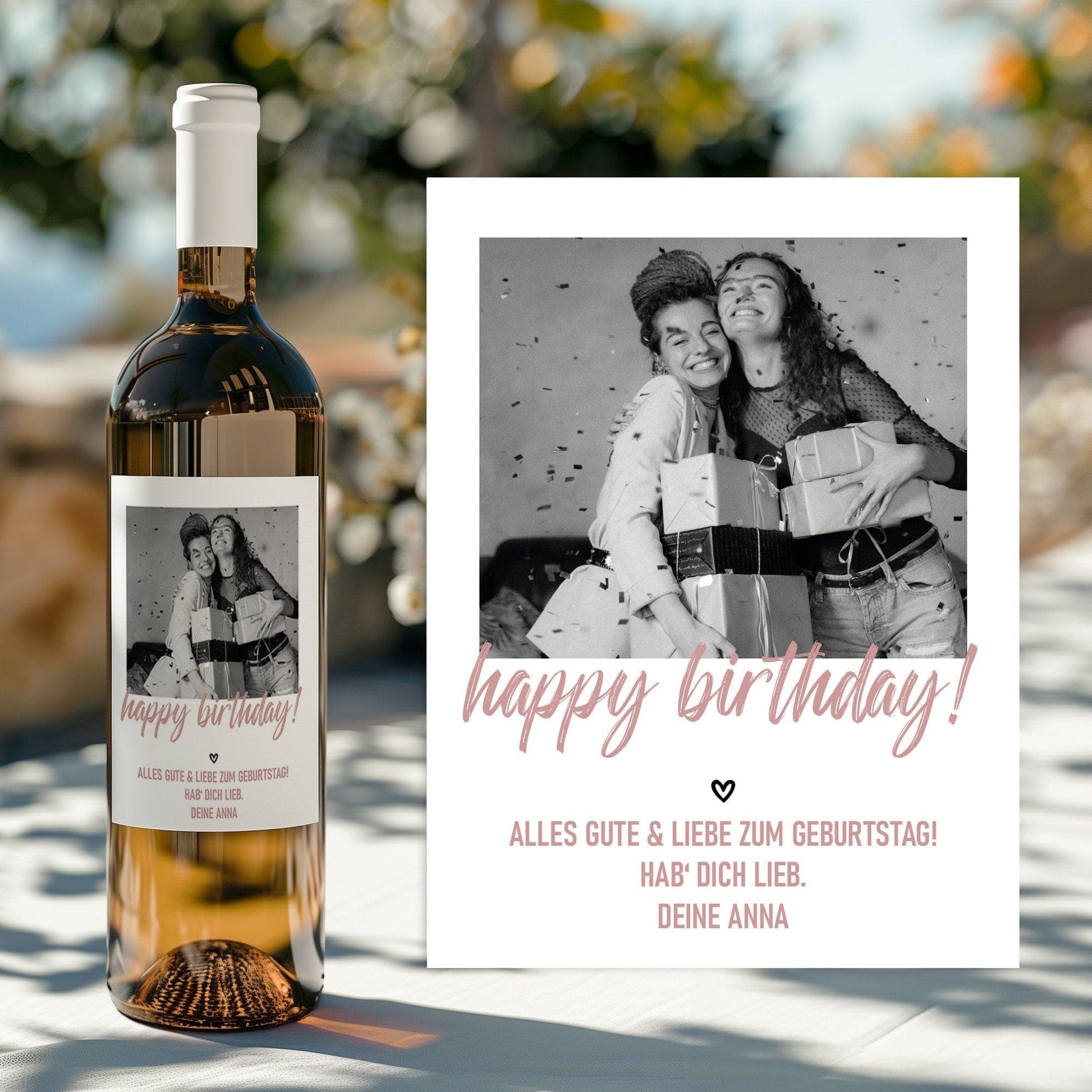 Personalisiertes Weinetikett "Happy Birthday" mit Foto & Namen, Geburtstags-Flaschenetikett - Rosa, ideales Geburtstagsgeschenk  kleinebuchstaben   