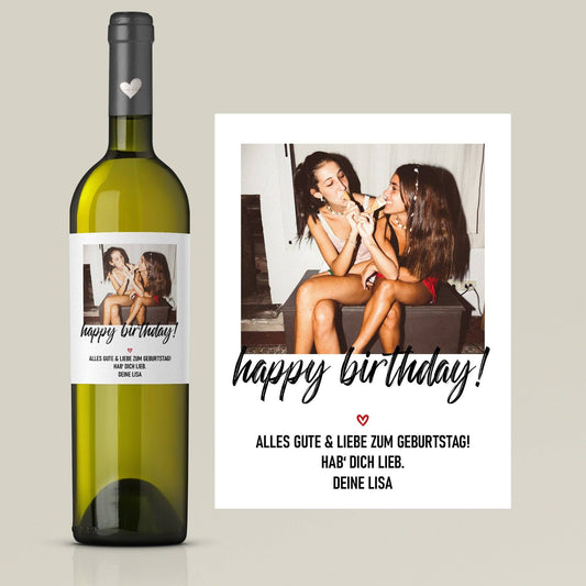 Personalisiertes - Weinetikett Geburtstags-Flaschenetikett "Happy Birthday" mit Foto & Namen - Geschenk zum Geburtstag - schwarz  kleinebuchstaben   