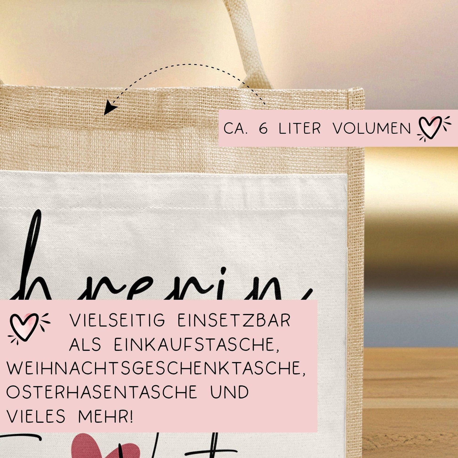 Lehrerin mit Herz Tasche mit Namen 14 Liter - kleines Geschenk - Dankeschön Juteasche Abschiedsgeschenk - Beste Lehrerin mit Wunschtext  kleinebuchstaben   