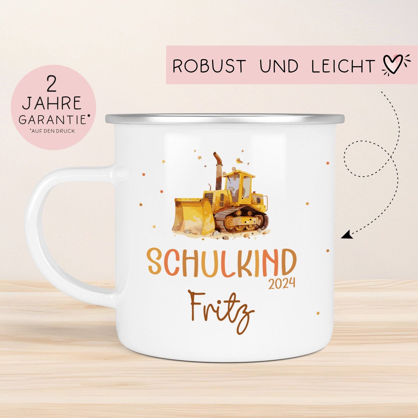 Schulanfang  Schulkind 2024 Emaille Kindertasse, Wunschnamen Bagger Motiv, Personalisierte Einschulung Geschenk  kleinebuchstaben   