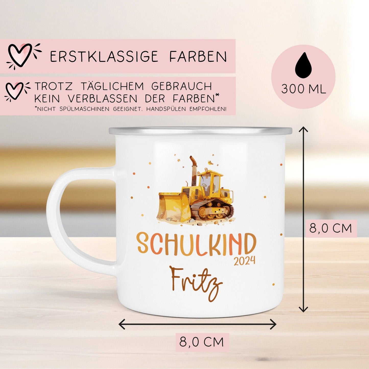 Schulanfang  Schulkind 2024 Emaille Kindertasse, Wunschnamen Bagger Motiv, Personalisierte Einschulung Geschenk  kleinebuchstaben   