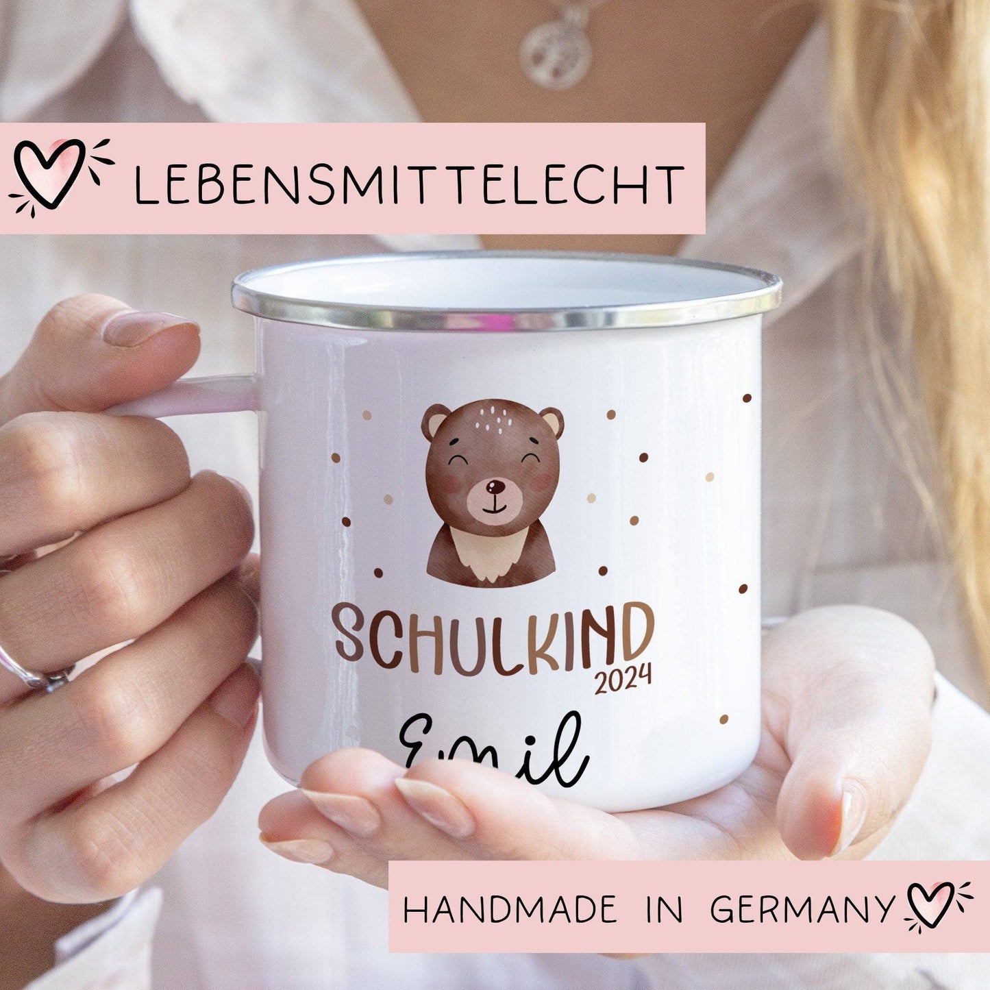 Schulanfang Schulkind 2024 Emaille-Tasse, personalisierte Kindertasse mit Namen, Einschulungsgeschenk Bär  kleinebuchstaben   