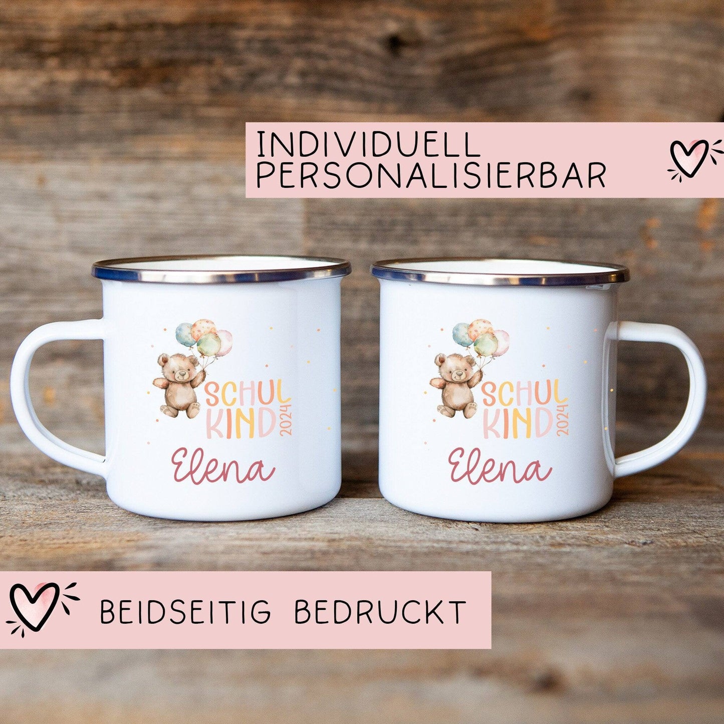 Schulkind 2024 Emaille Tasse, personalisiertes Einschulungsgeschenk, personalisierte Tasse für Jungen und Mädchen Schulanfang  kleinebuchstaben   