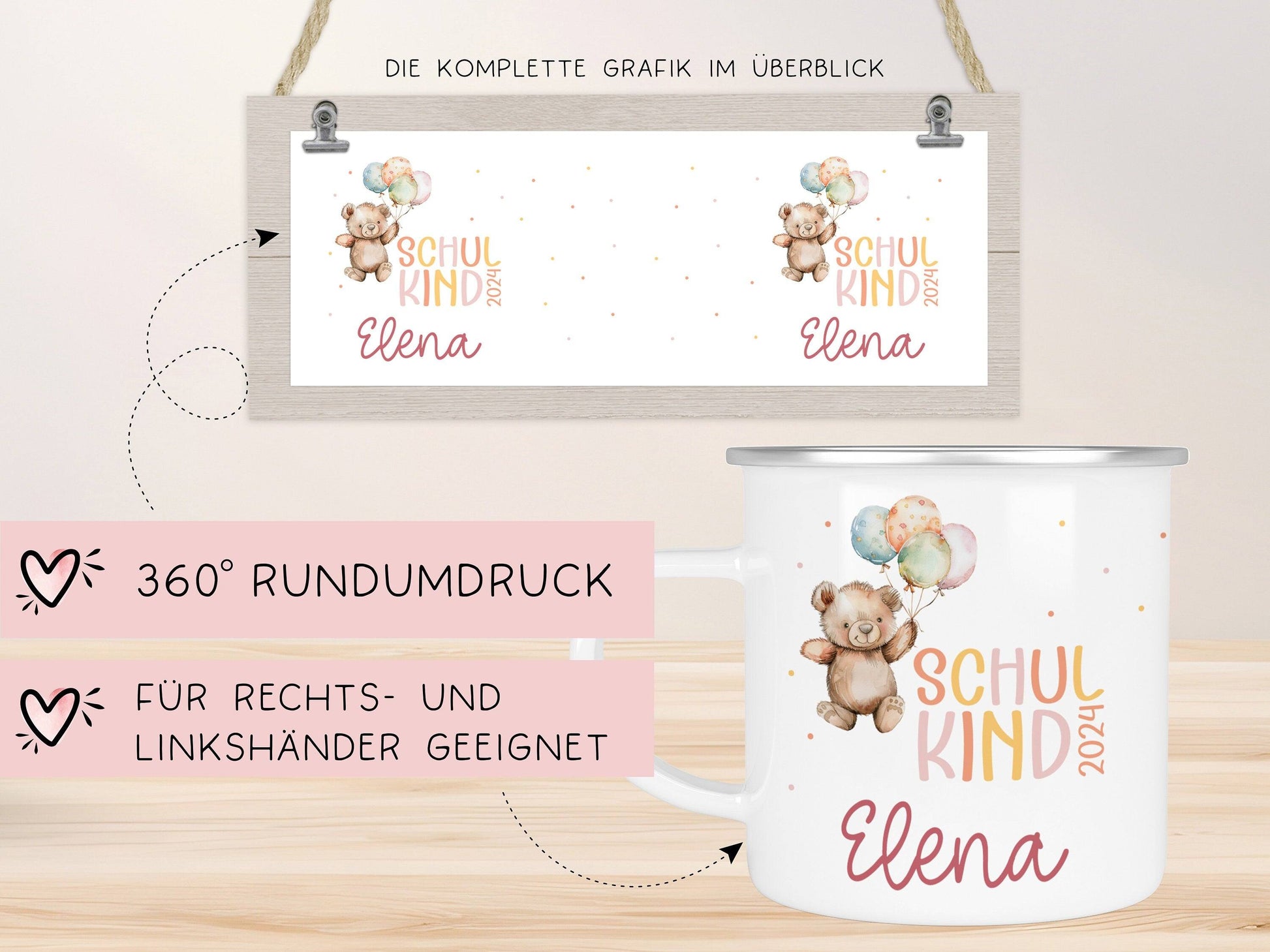 Schulkind 2024 Emaille Tasse, personalisiertes Einschulungsgeschenk, personalisierte Tasse für Jungen und Mädchen Schulanfang  kleinebuchstaben   