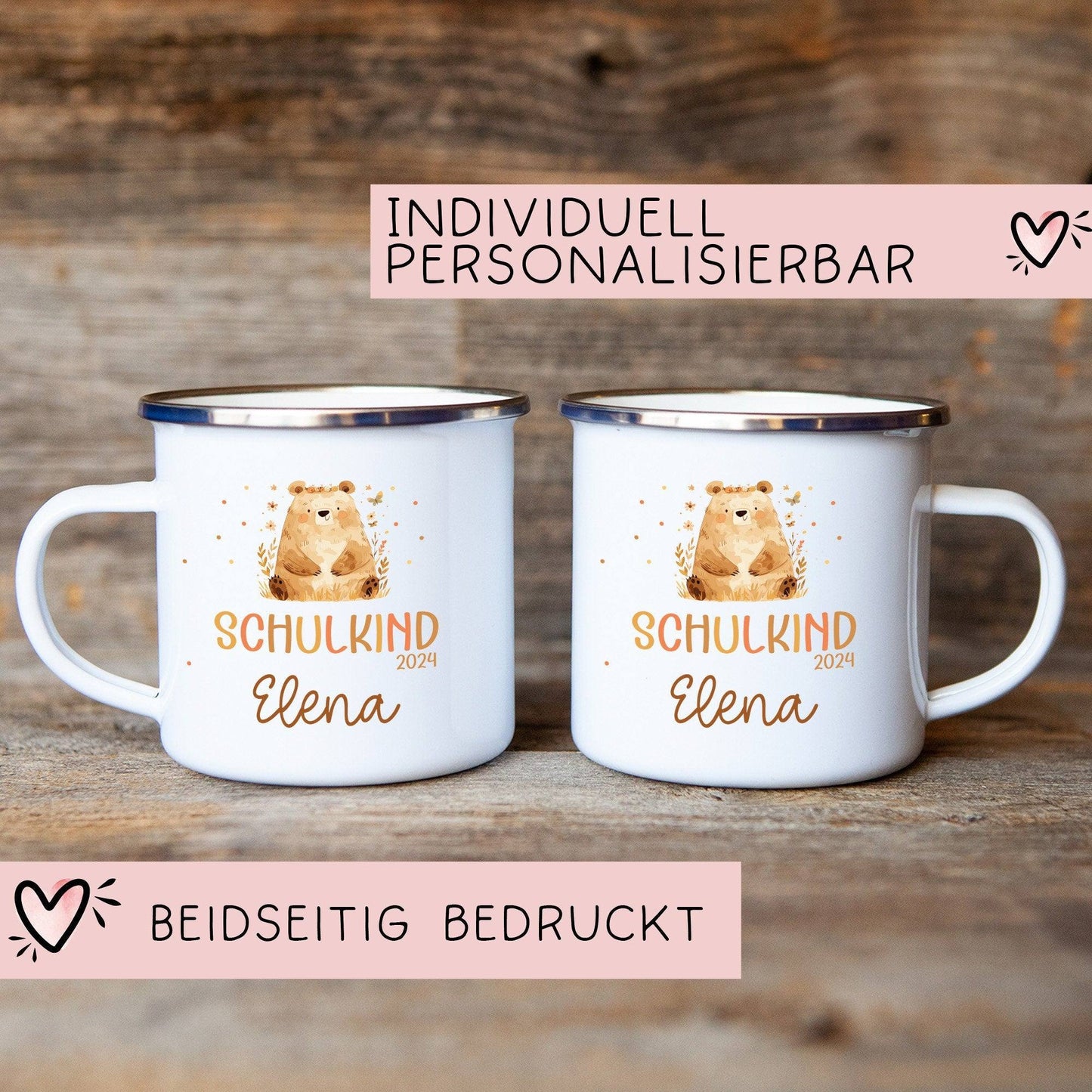 Bär Kindertasse Schulkind Name Emaille Tasse Kind Kindergeschirr personalisiert Kinder Geschenk Schulanfang  kleinebuchstaben   