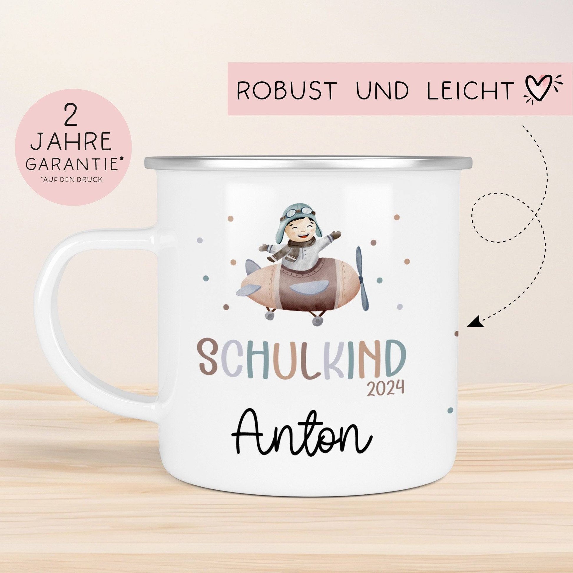 Kindertasse Schulkind Schulanfang Name Emaille Tasse Kind Kindergeschirr personalisiert Kinder Fuchs Bär Flugzeug Fee Bagger Ballerina  kleinebuchstaben   