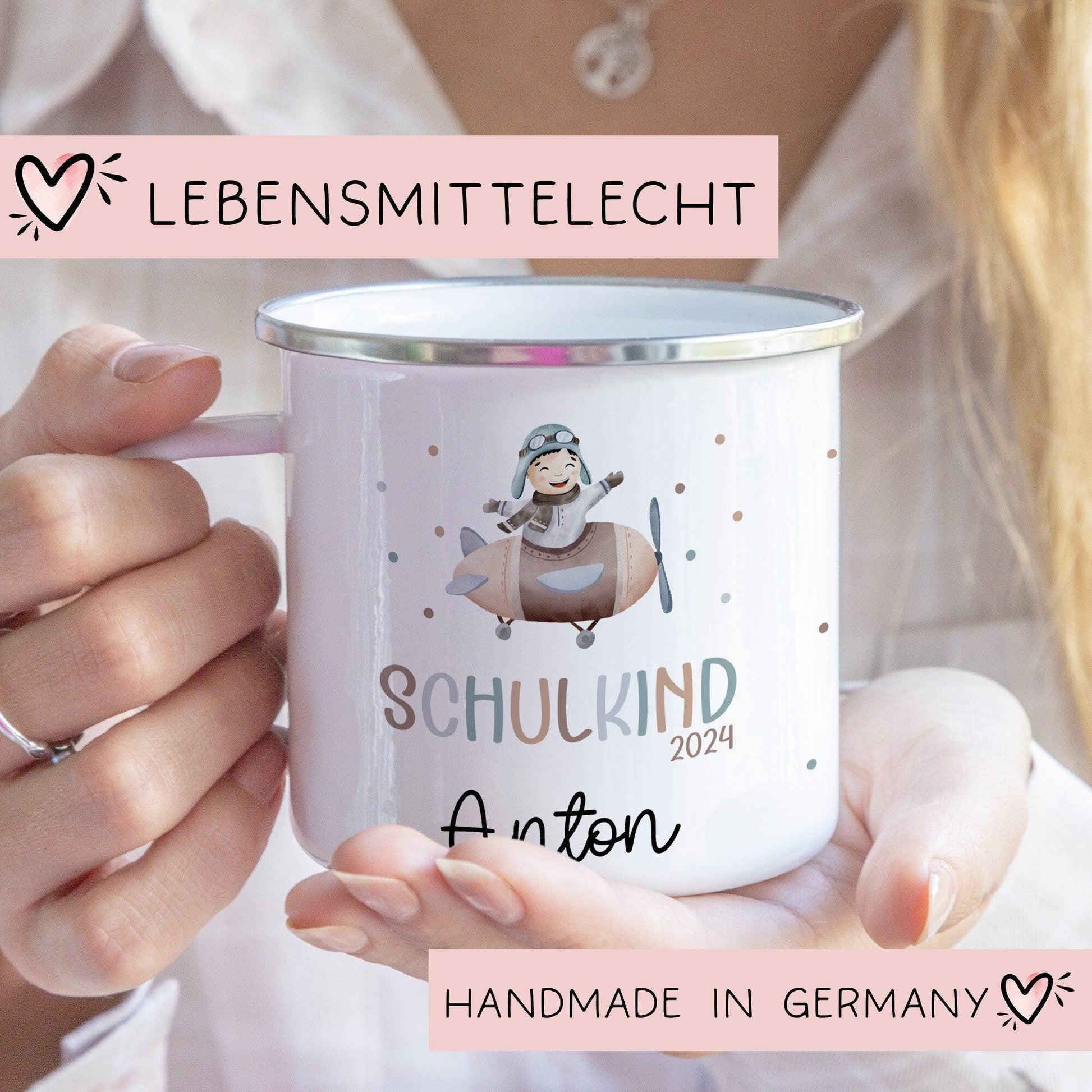 Kindertasse Schulkind Schulanfang Name Emaille Tasse Kind Kindergeschirr personalisiert Kinder Fuchs Bär Flugzeug Fee Bagger Ballerina  kleinebuchstaben Flugzeug Emaille Silber 