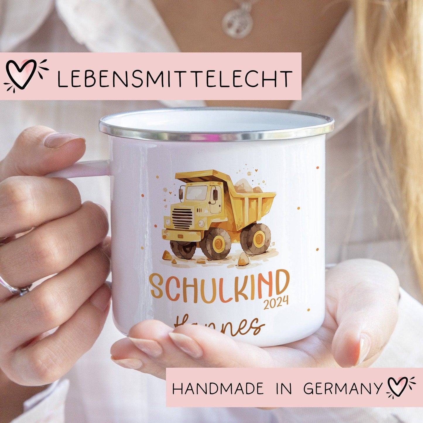 Schulanfang Kindertasse Schulkind Name Emaille Tasse Kind Kindergeschirr personalisiert Kinder Hubschrauber LKW Rakete Regenbogen Bär Ufo  kleinebuchstaben LKW Emaille Silber 