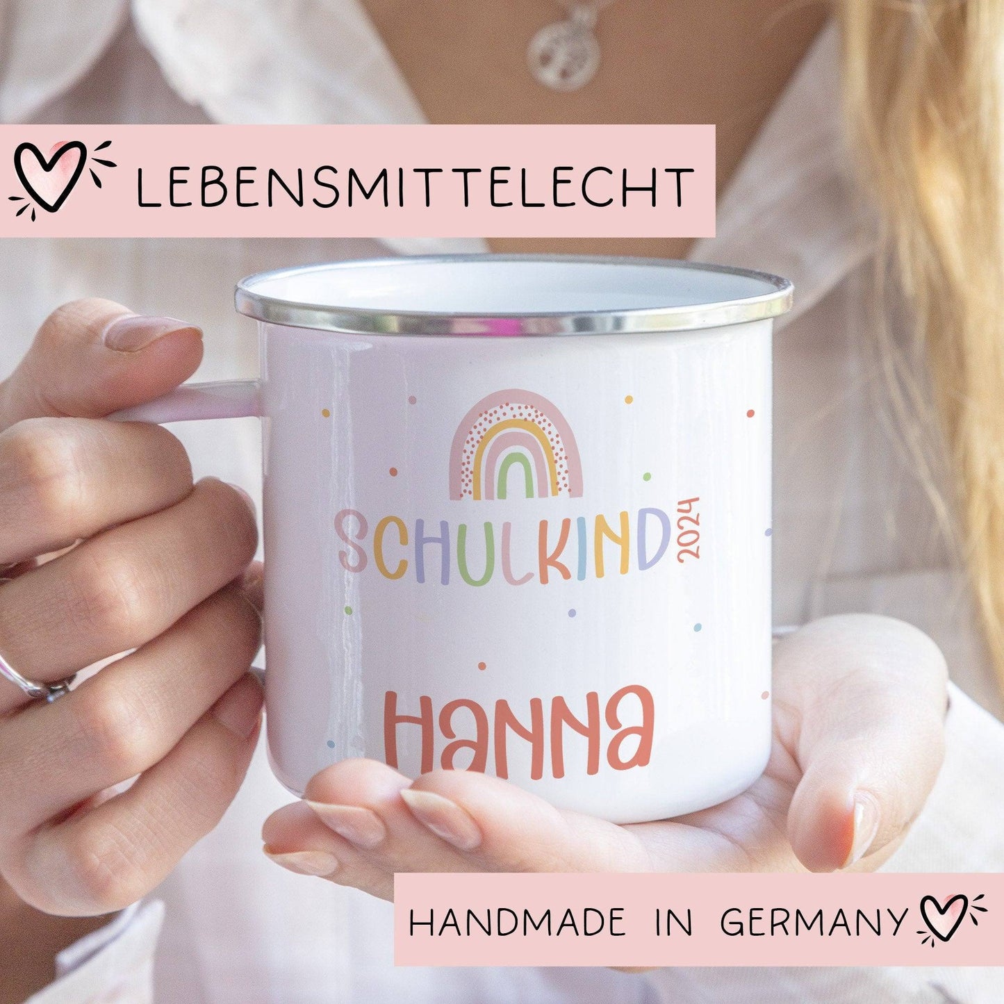 Schulanfang Kindertasse Schulkind Name Emaille Tasse Kind Kindergeschirr personalisiert Kinder Hubschrauber LKW Rakete Regenbogen Bär Ufo  kleinebuchstaben Regenbogen Emaille Silber 