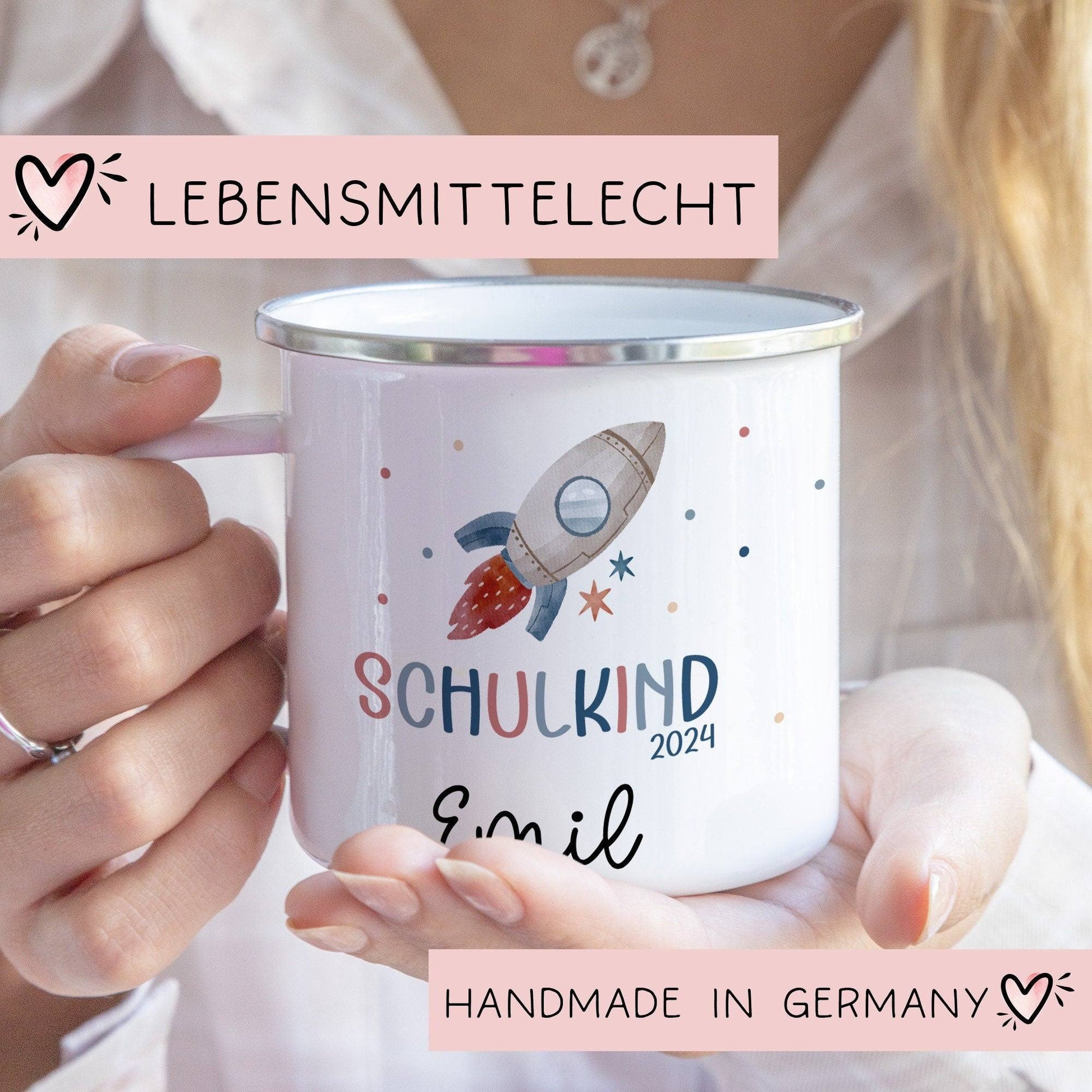 Schulanfang Kindertasse Schulkind Name Emaille Tasse Kind Kindergeschirr personalisiert Kinder Hubschrauber LKW Rakete Regenbogen Bär Ufo  kleinebuchstaben Rakete Emaille Silber 