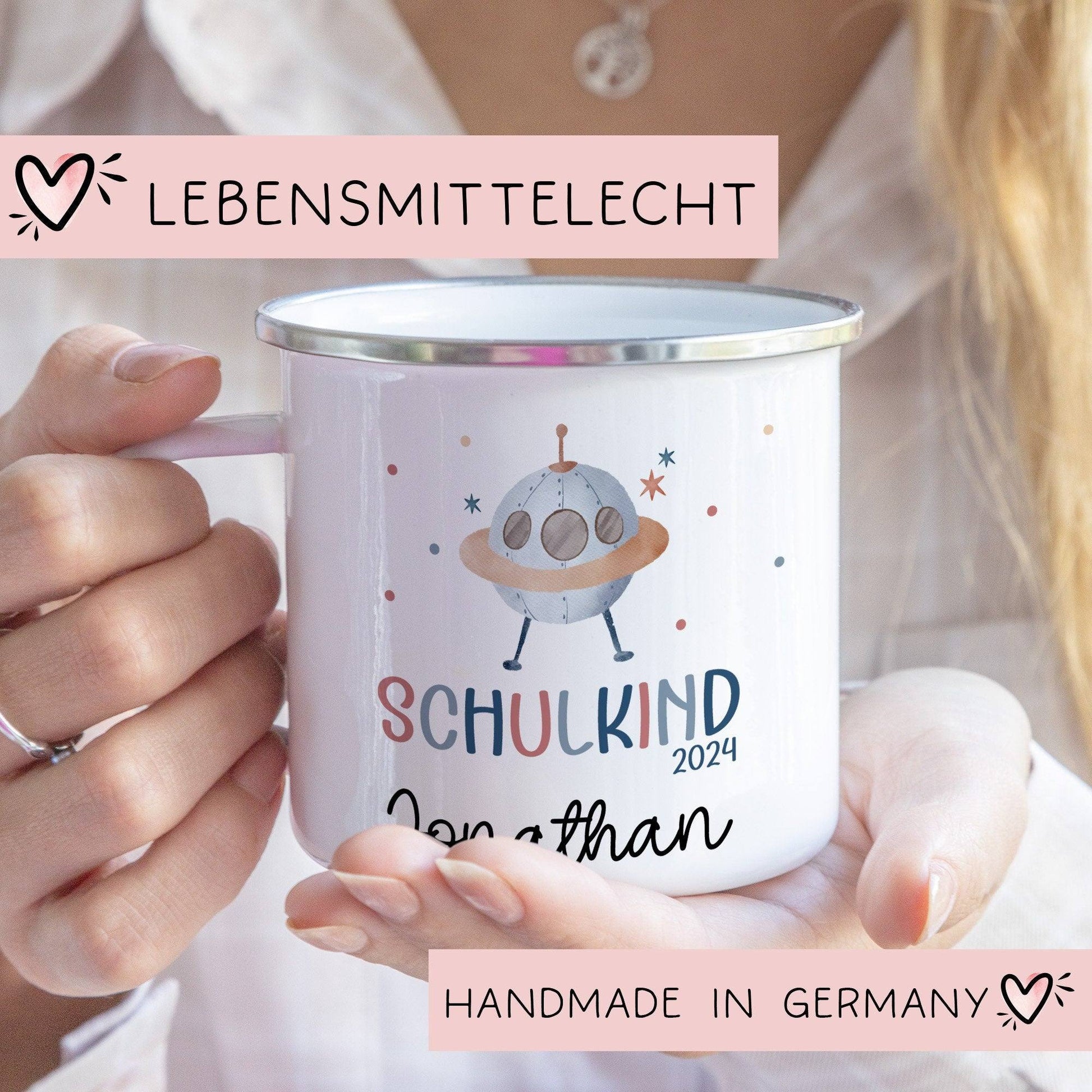 Schulanfang Kindertasse Schulkind Name Emaille Tasse Kind Kindergeschirr personalisiert Kinder Hubschrauber LKW Rakete Regenbogen Bär Ufo  kleinebuchstaben Ufo Emaille Silber 