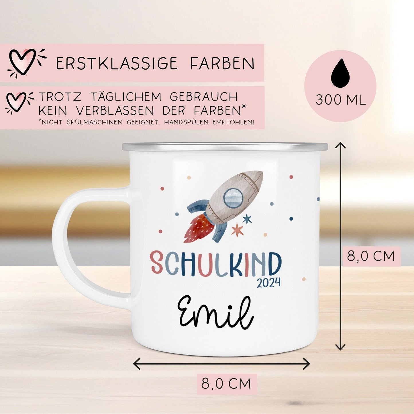 Schulanfang Kindertasse Schulkind Name Emaille Tasse Kind Kindergeschirr personalisiert Kinder Hubschrauber LKW Rakete Regenbogen Bär Ufo  kleinebuchstaben   