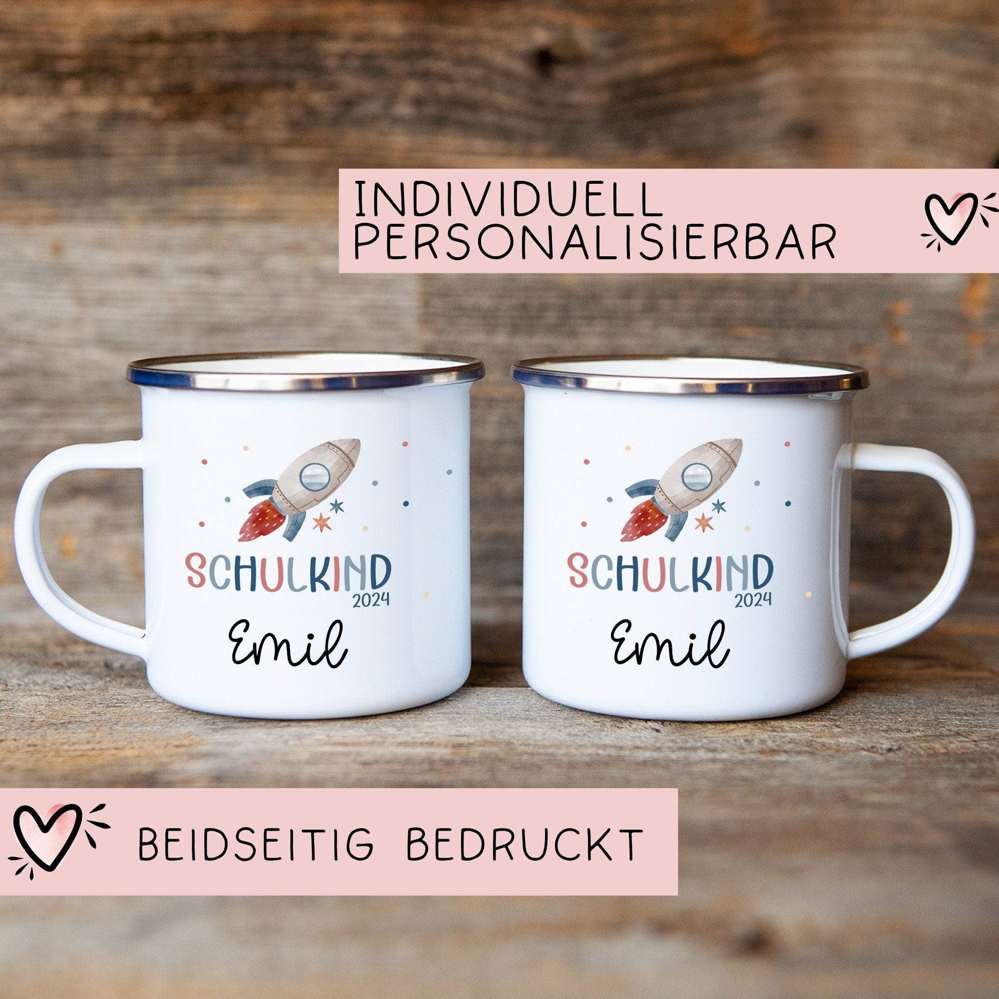 Schulanfang Kindertasse Schulkind Name Emaille Tasse Kind Kindergeschirr personalisiert Kinder Hubschrauber LKW Rakete Regenbogen Bär Ufo  kleinebuchstaben   