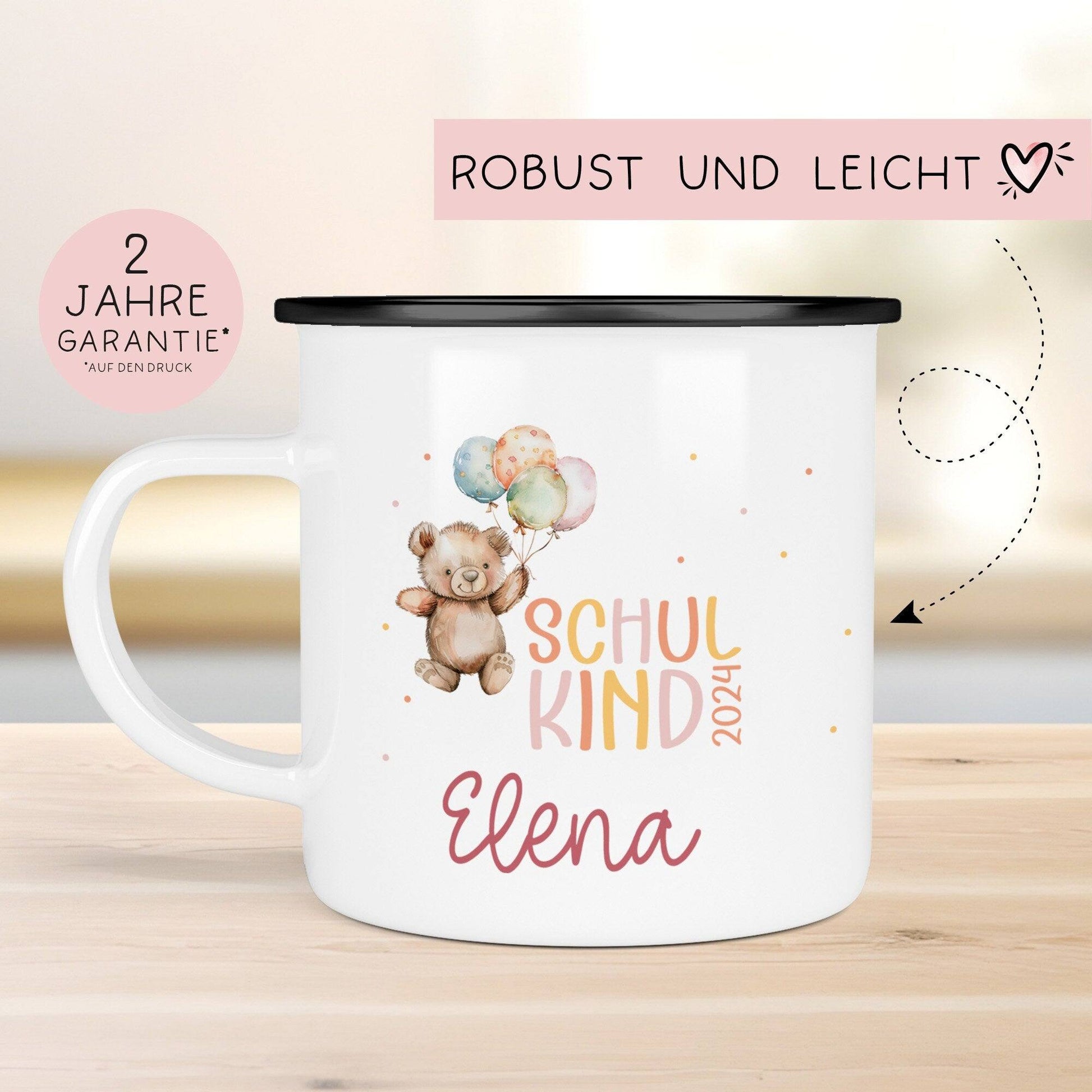 Schulkind 2024 Emaille Becher Schulanfang - personalisiertes Einschulungsgeschenk für Jungen und Mädchen - Kindertasse mit Namen  kleinebuchstaben   