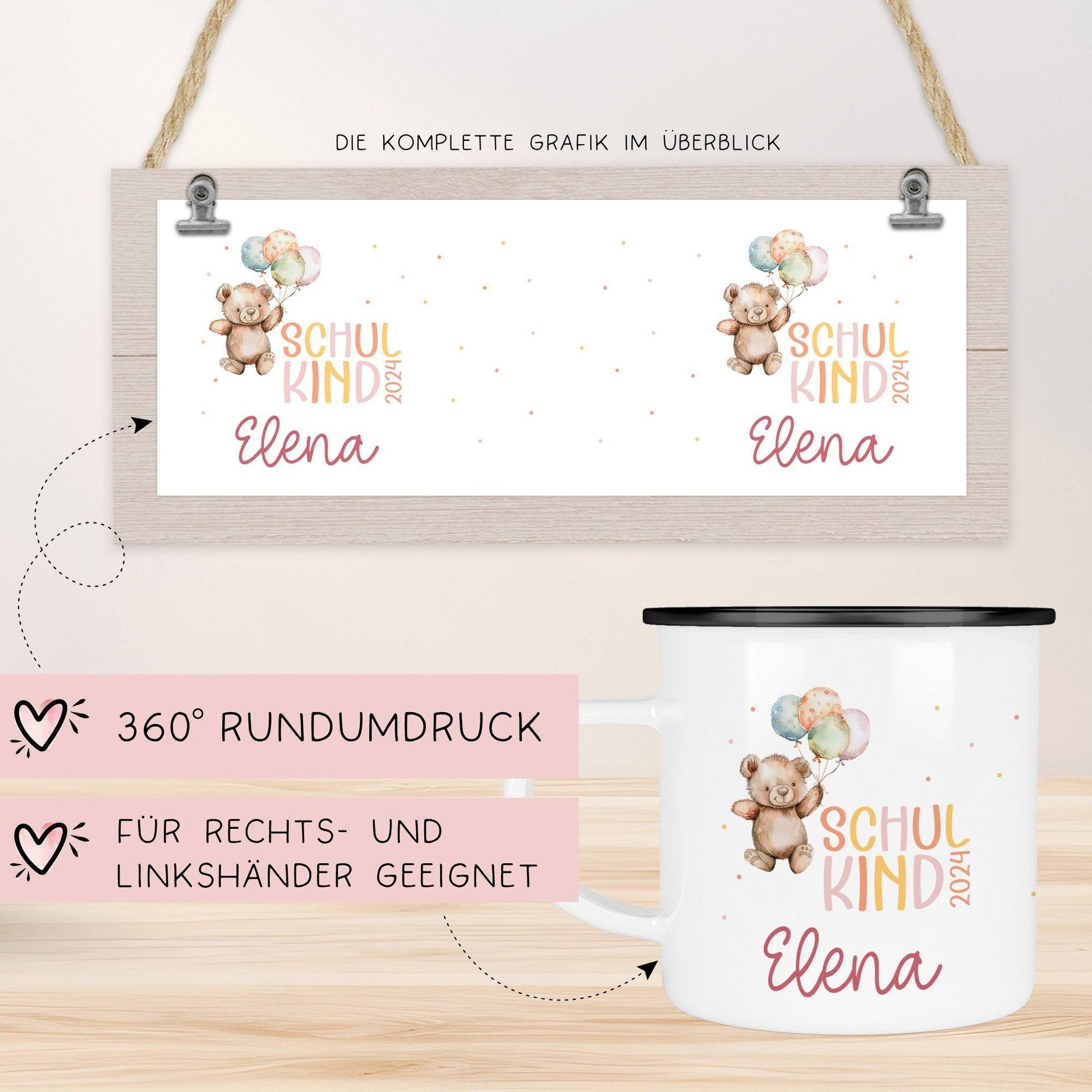 Schulkind 2024 Emaille Becher Schulanfang - personalisiertes Einschulungsgeschenk für Jungen und Mädchen - Kindertasse mit Namen  kleinebuchstaben   