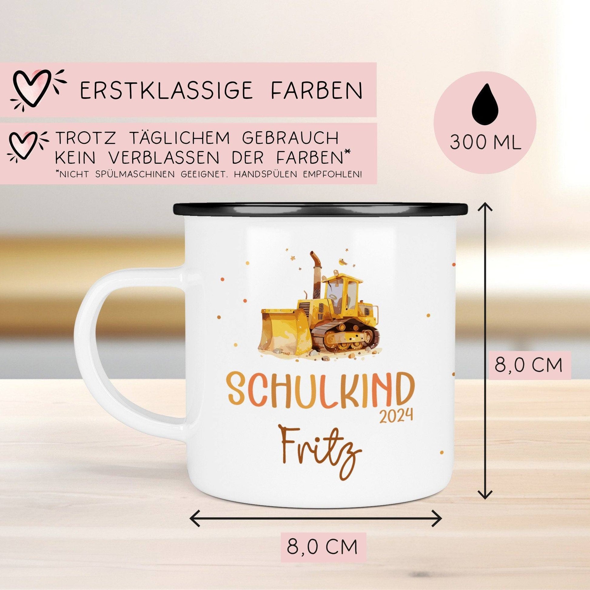 Schulkind LKW Kipplaster Emaille-Tasse für Schulkinder Einschulung Schulanfang  - personalisiertes Kindergeschirr mit Namen  kleinebuchstaben   