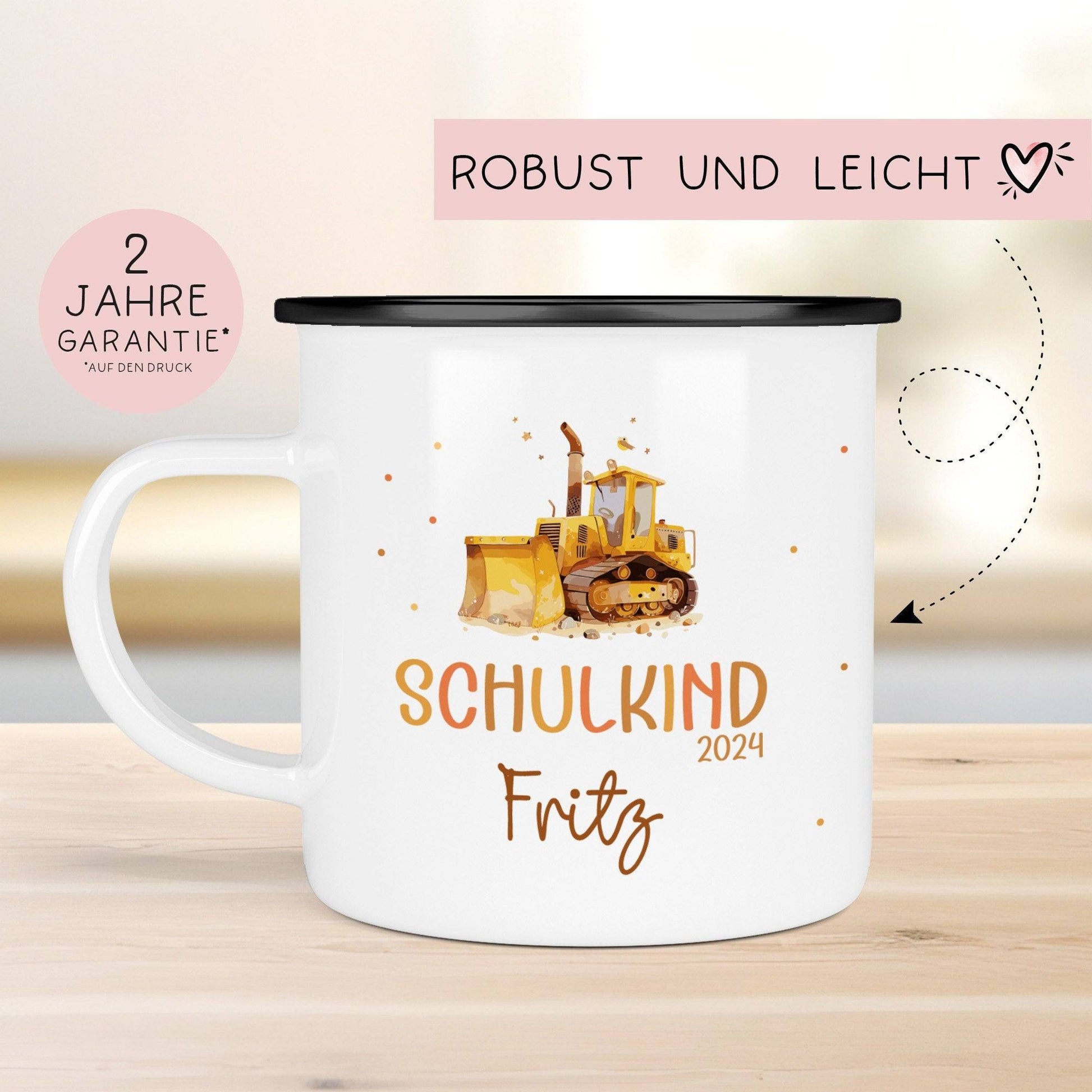 Schulkind LKW Kipplaster Emaille-Tasse für Schulkinder Einschulung Schulanfang  - personalisiertes Kindergeschirr mit Namen  kleinebuchstaben   