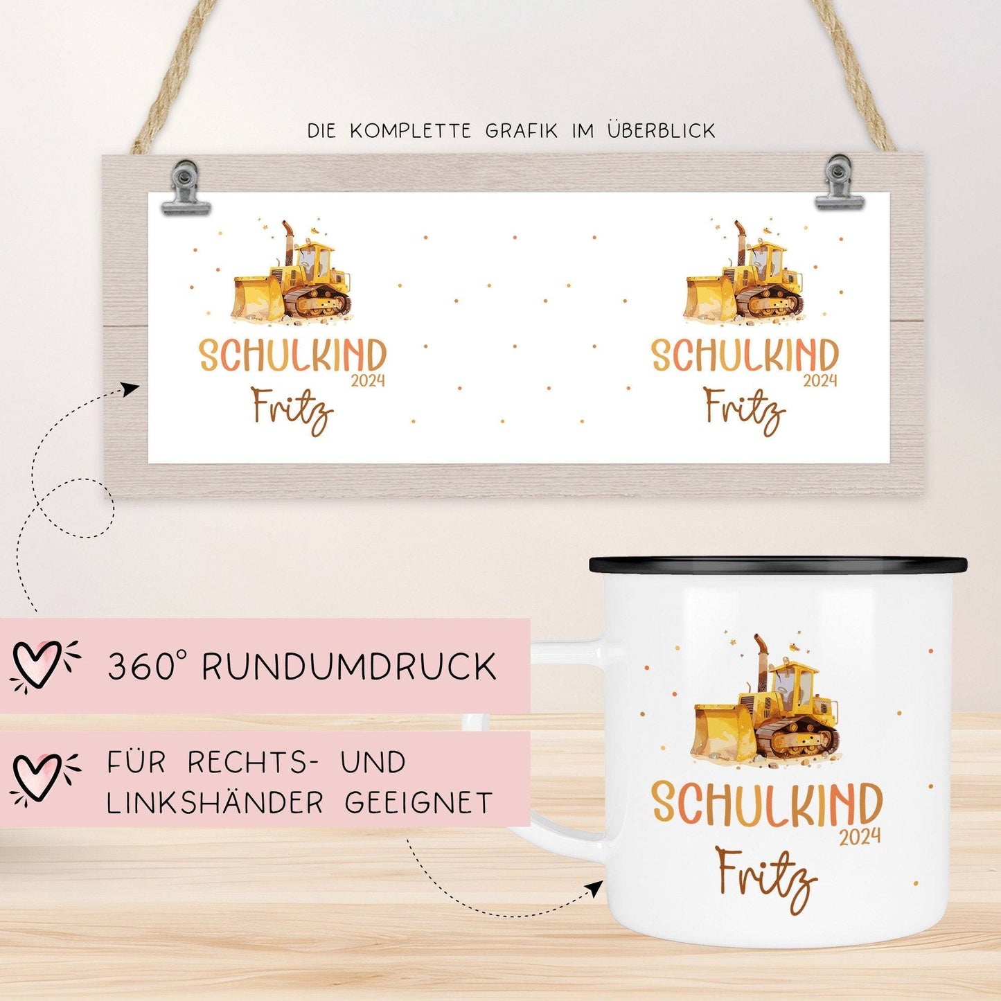 Schulkind LKW Kipplaster Emaille-Tasse für Schulkinder Einschulung Schulanfang  - personalisiertes Kindergeschirr mit Namen  kleinebuchstaben   