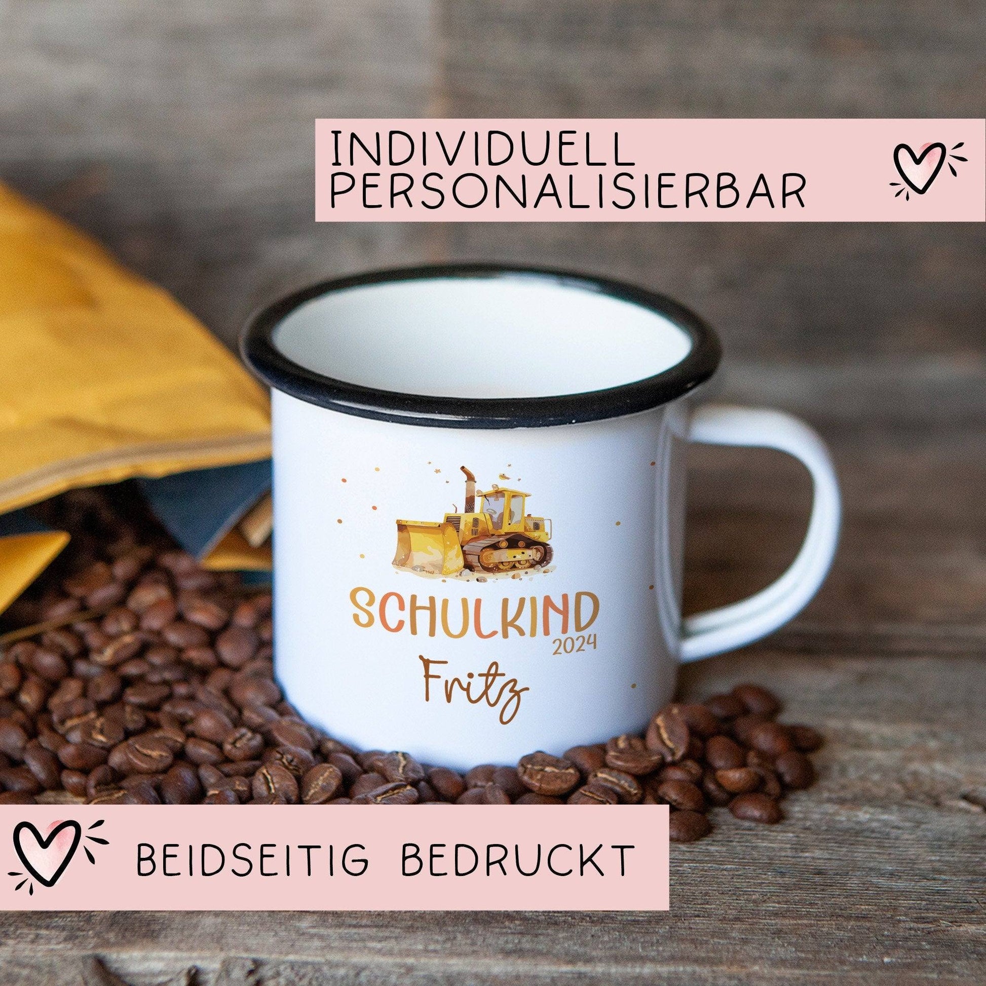 Schulkind LKW Kipplaster Emaille-Tasse für Schulkinder Einschulung Schulanfang  - personalisiertes Kindergeschirr mit Namen  kleinebuchstaben   