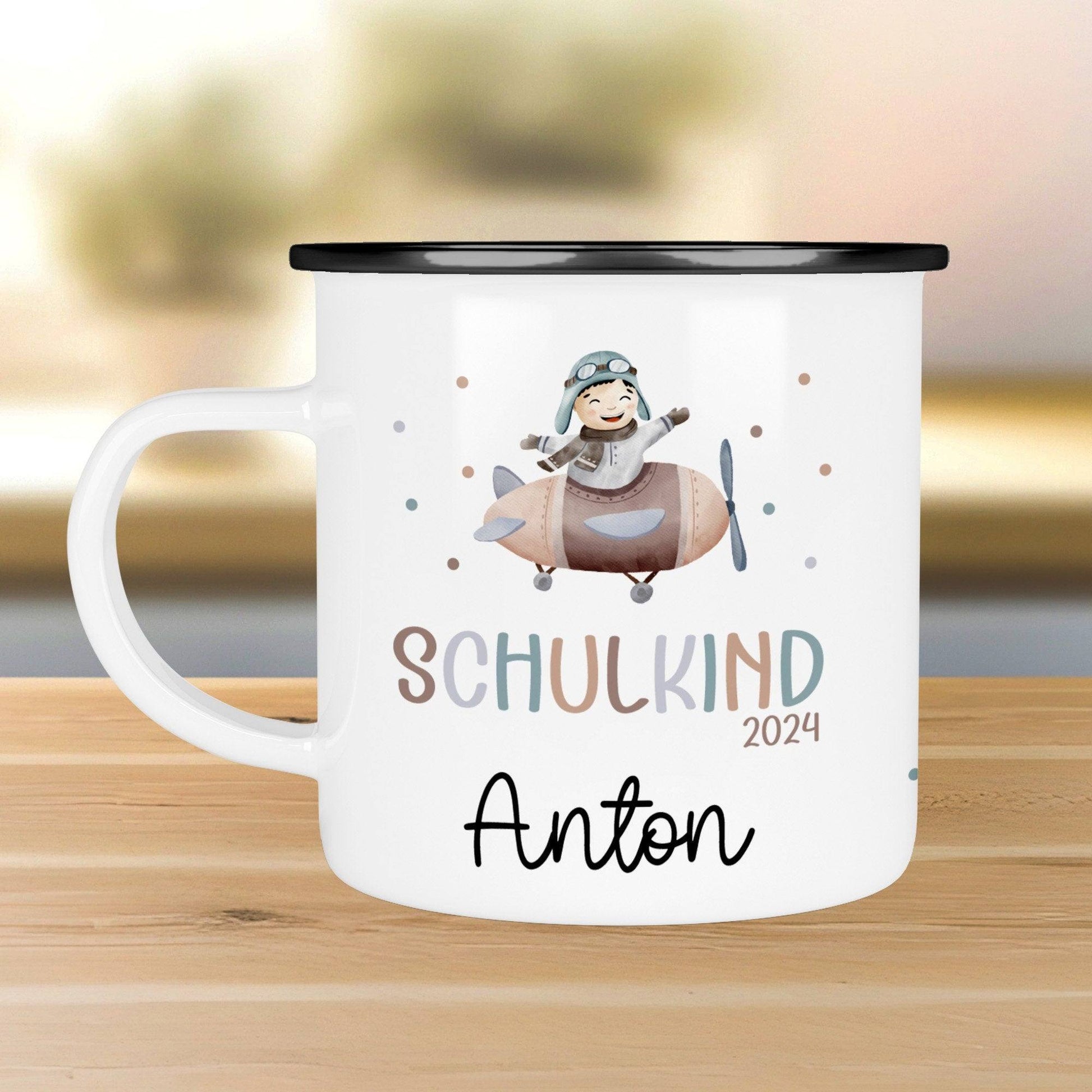 Schulanfang  Kindertasse Schulkind - personalisiertes Emaille- Einschulung mit Namen, Fuchs, Bär, Flugzeug, Fee Ballerina Bagger  kleinebuchstaben   