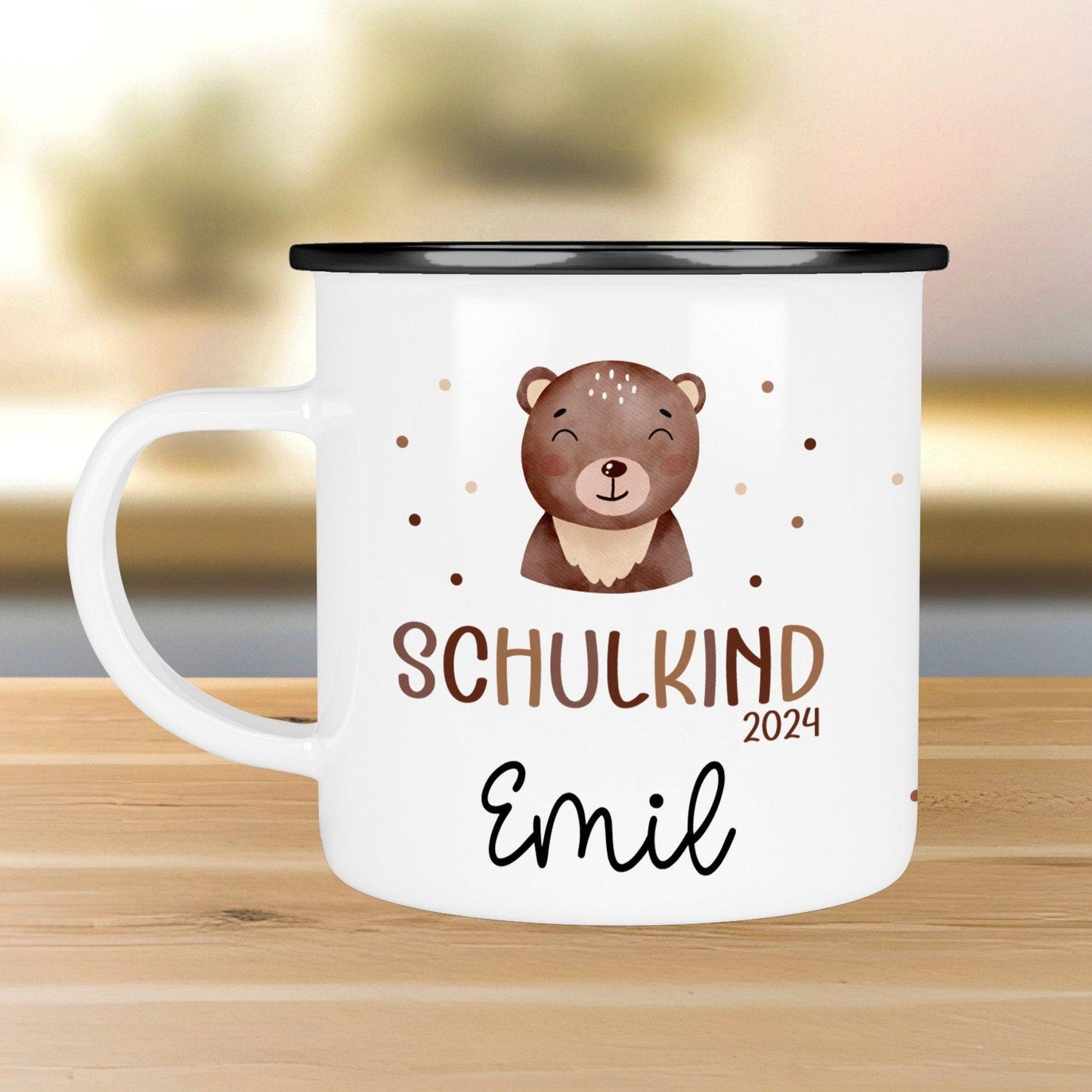 Schulanfang  Kindertasse Schulkind - personalisiertes Emaille- Einschulung mit Namen, Fuchs, Bär, Flugzeug, Fee Ballerina Bagger  kleinebuchstaben   