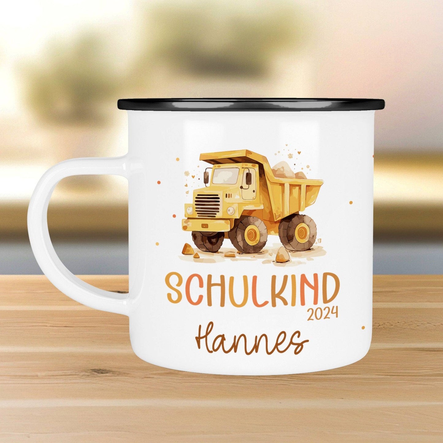 Schulanfang Kindertasse Schulkind 2024 Einschulung Name Emaille Tasse Kind personalisiert Kinder Hubschrauber LKW Rakete Regenbogen Bär Ufo  kleinebuchstaben LKW Schwarz 