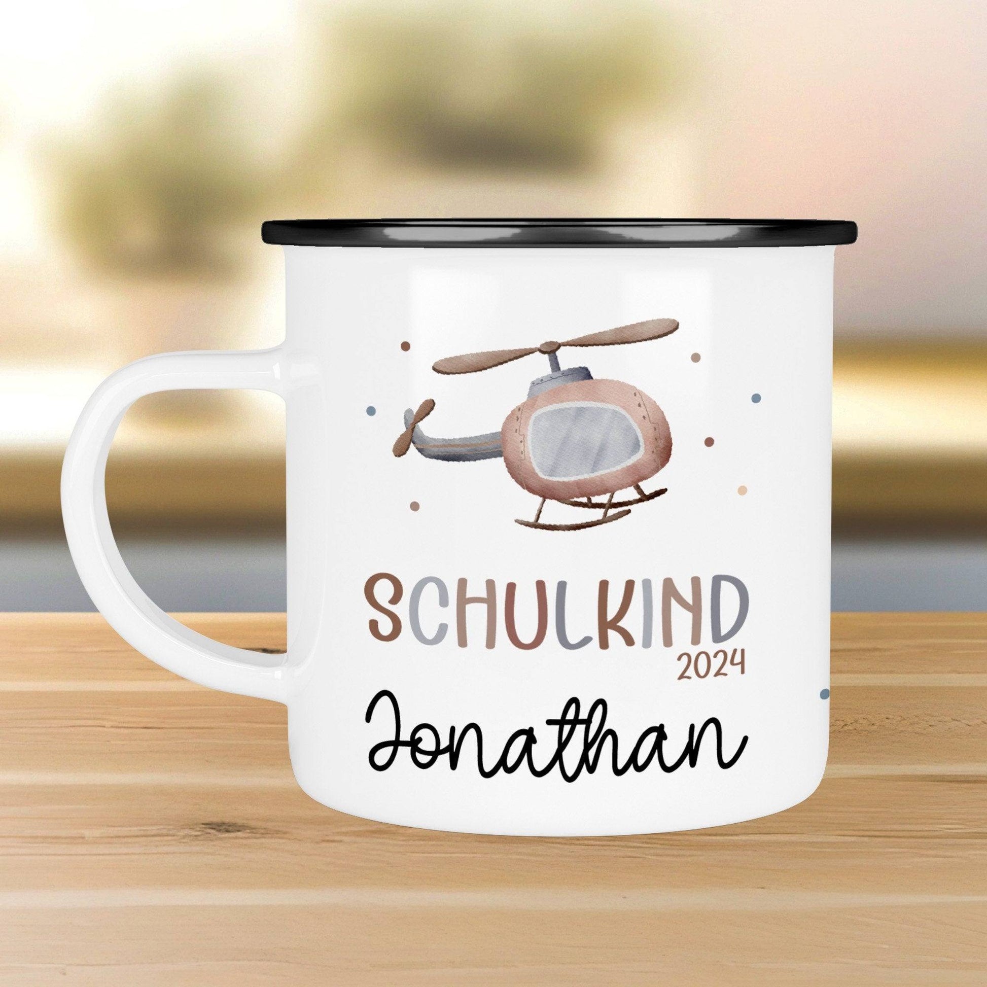 Schulanfang Kindertasse Schulkind 2024 Einschulung Name Emaille Tasse Kind personalisiert Kinder Hubschrauber LKW Rakete Regenbogen Bär Ufo  kleinebuchstaben Hubschrauber Schwarz 