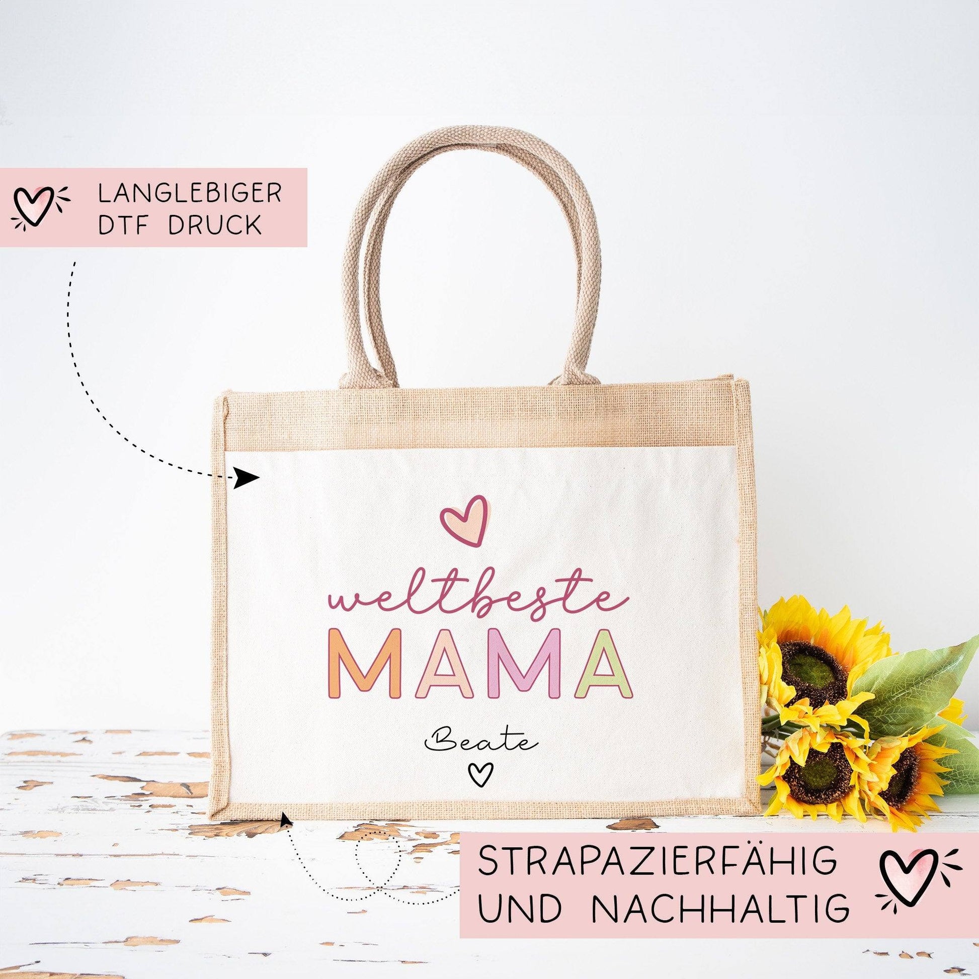 Weltbeste Mama Tasche Stoffbeutel - mit Wunschname - Einkaufstasche - Geschenkidee für deine Mutter zum Geburtstag Muttertag Personalisiert  kleinebuchstaben   