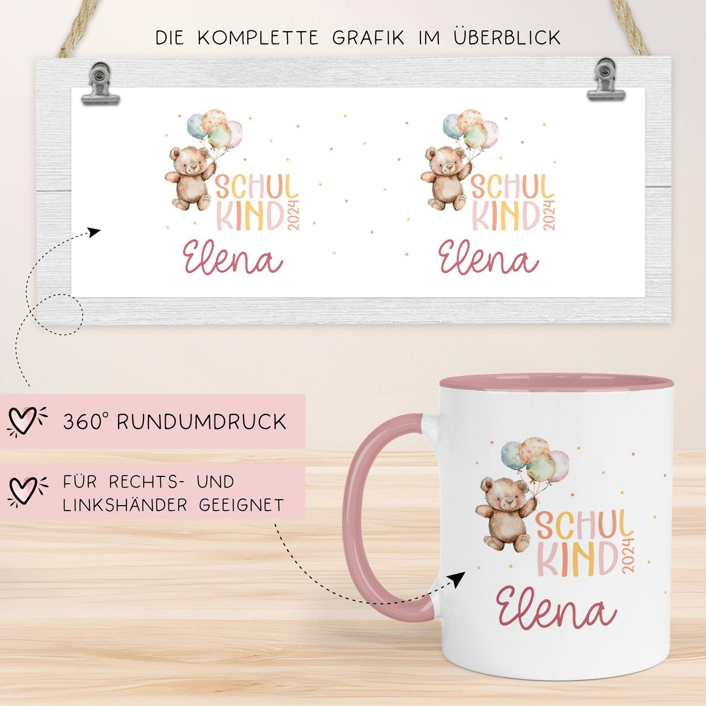 Schulkind 2024 Tasse, personalisiertes Einschulungsgeschenk, personalisierte Tasse für Jungen und Mädchen  kleinebuchstaben   