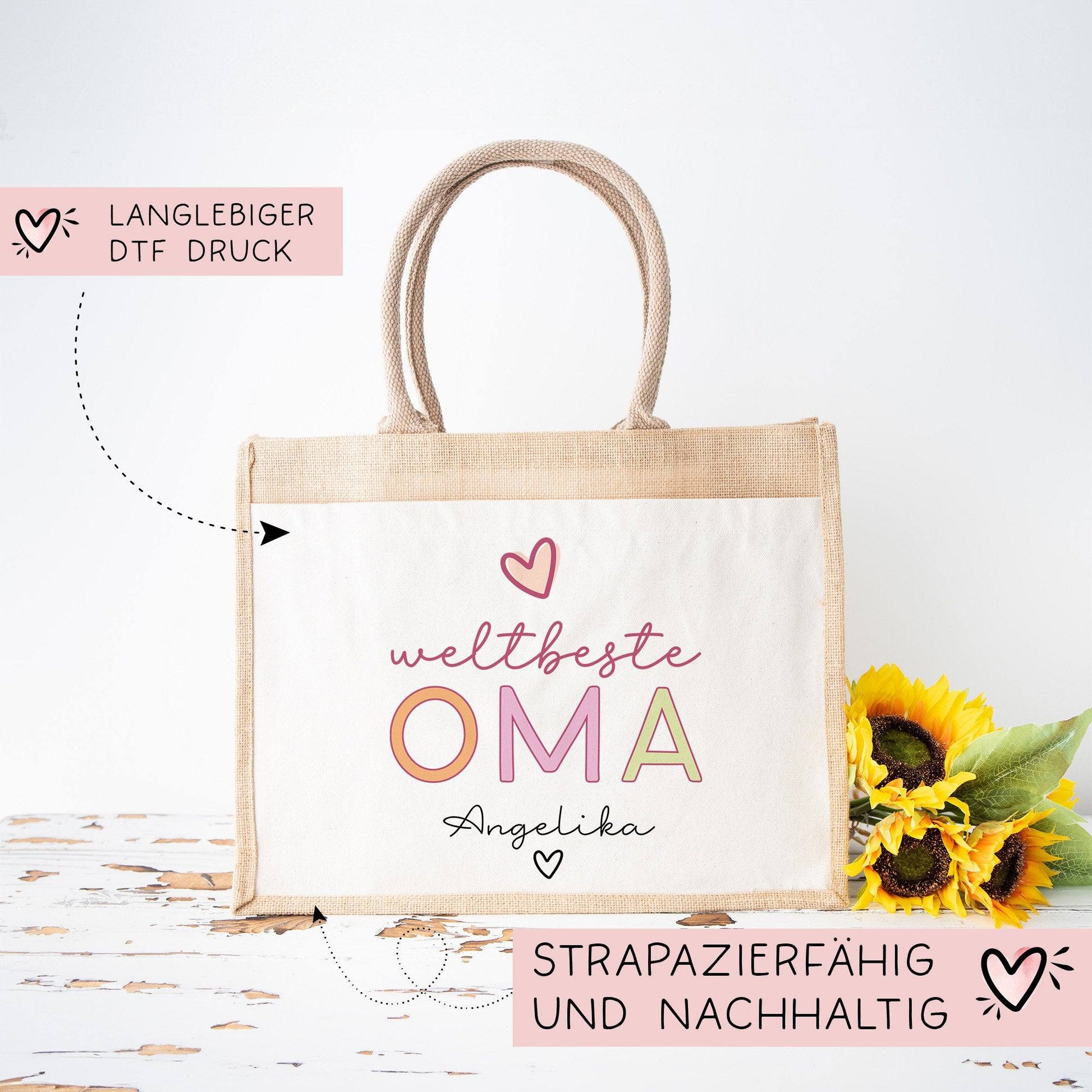 Weltbeste Oma Tasche Stoffbeutel - mit Wunschname - Einkaufstasche - Geschenkidee für deine Omi Großmutter zum Geburtstag - Personalisiert  kleinebuchstaben   