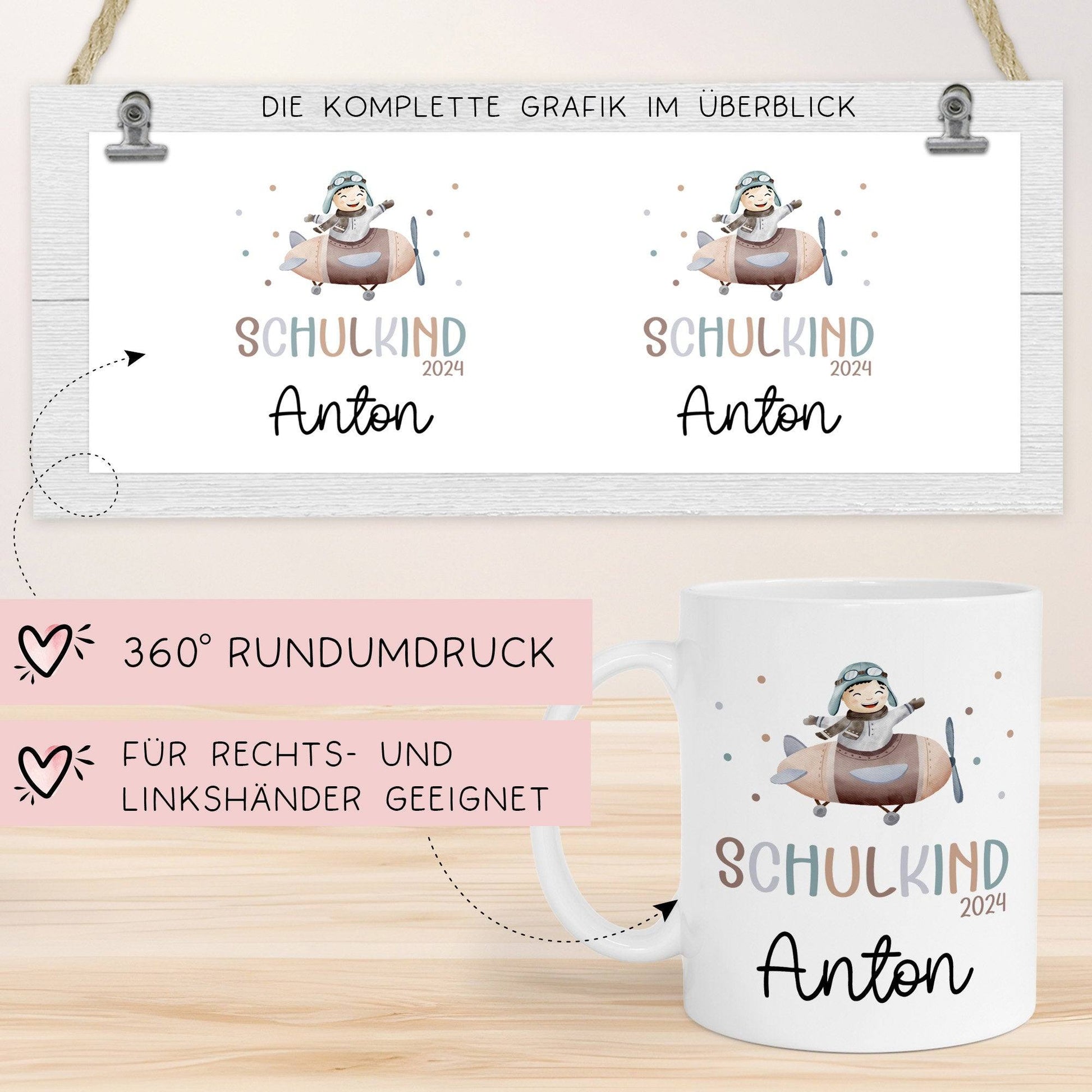 Kindertasse Schulkind 2024 mit Flugzeug-Motiv - personalisierte Kakao Tasse mit Namen - ideales Kindergeschirr - perfektes Geschenk Kinder  kleinebuchstaben   