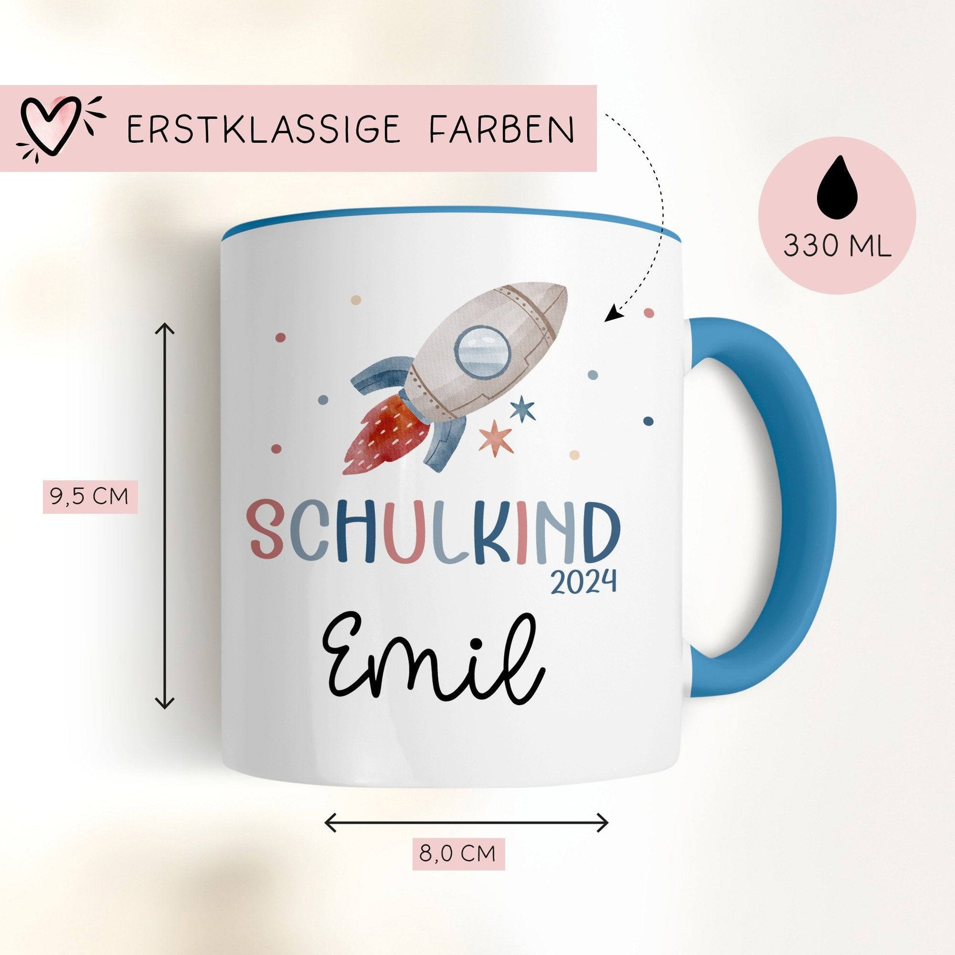 Schulkind 2024 Rakete Tasse Personalisiert mit Wunschnamen Kindertasse mit Namen zur Einschulung  kleinebuchstaben   